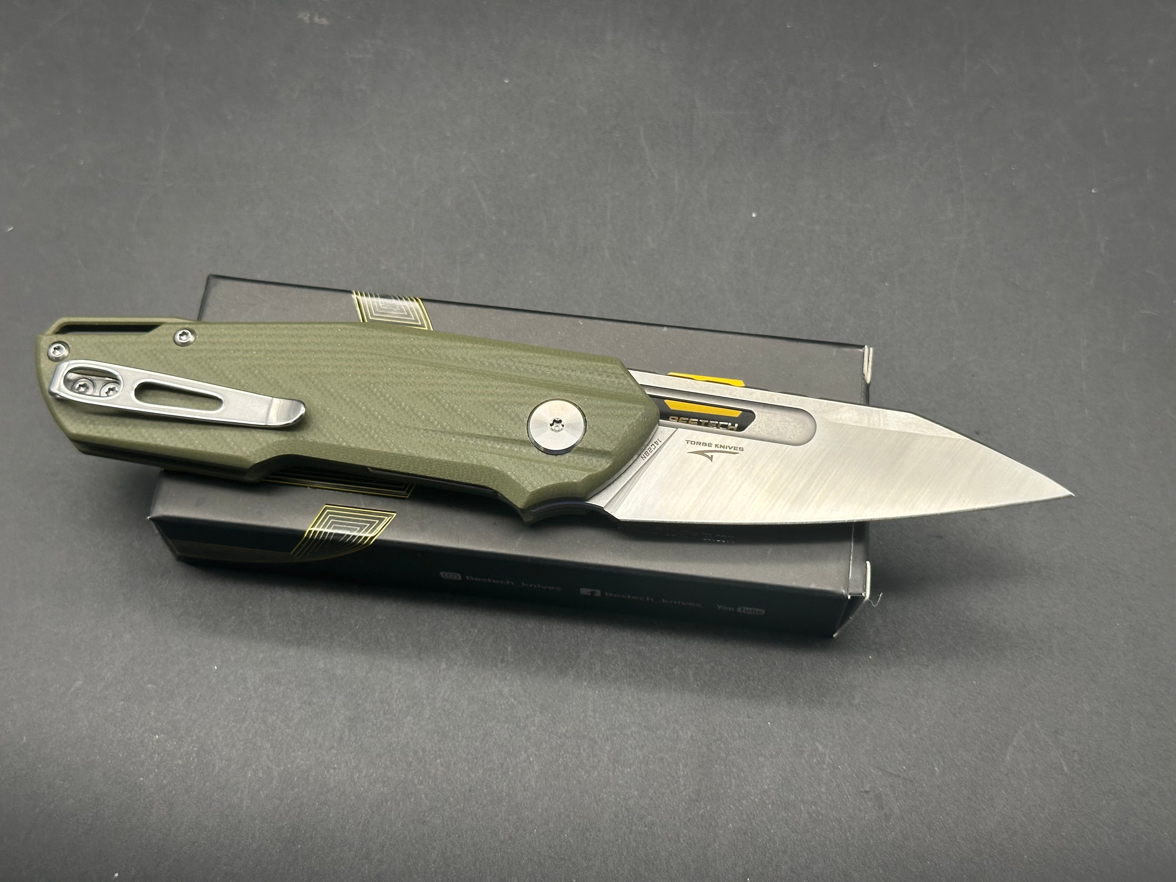 Bestech Toddler Pocket Knife - OD Green G10 Handle, 14C28N Stainless Steel Plain Edge - Perfect for Camping, Hiking & Everyday Carry (EDC)