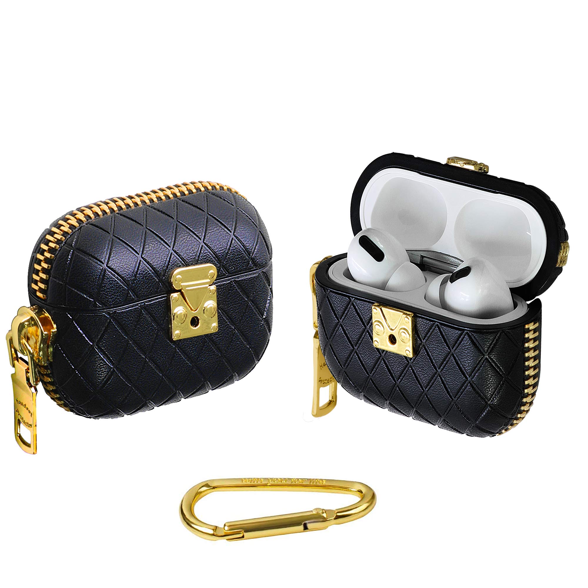 Premium Genuine Leather AirPods Pro Case with Argyle Pattern, Electroplating Metal Keychain & Gold Buckle - Stylish Protective Cover for AirPods Pro (Black) | Perfect for Travel, Work & Everyday Use