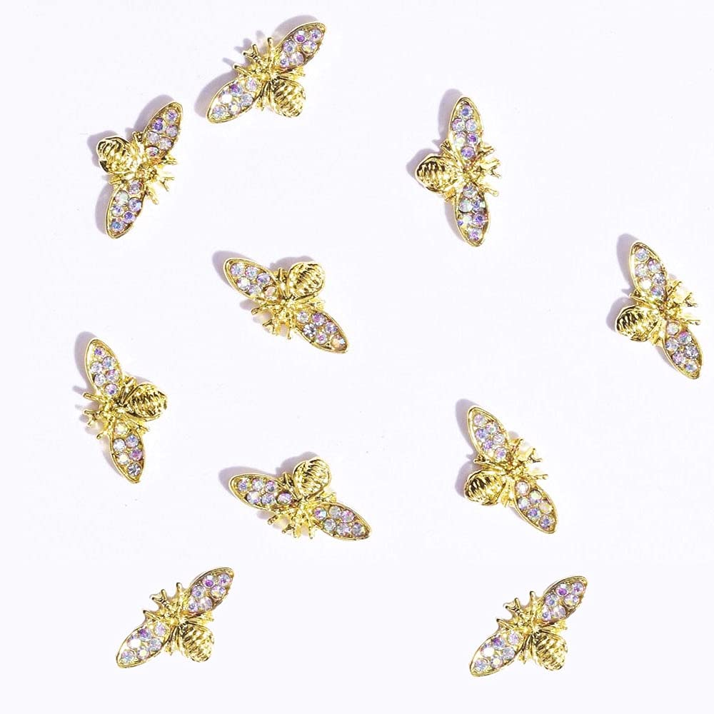 10pcs Metal Alloy Bee Shape 3D Nail Art Decorations - Gold Silver Jewelry Gems Pearl Charms for Nails | DIY Manicure, Nail Salon, Party Nail Design Accessories (Color: 06)
