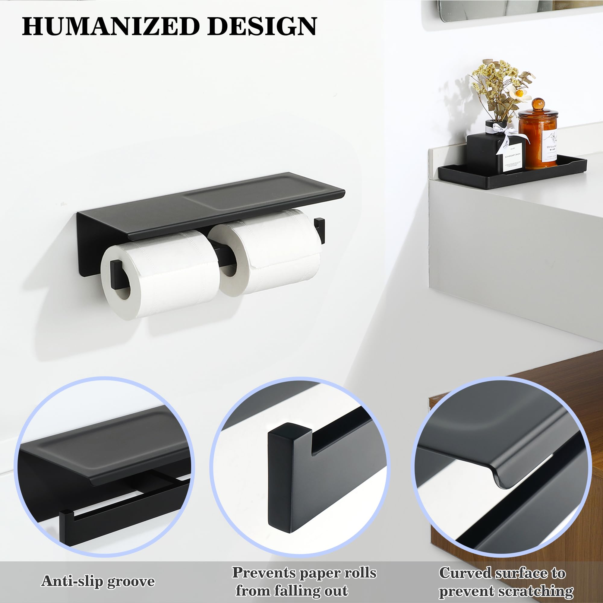 Stainless Steel Toilet Paper Holder with Shelf - SUS304 Bathroom Tissue Roll Dispenser, Wall Mount or Adhesive Installation, Matte Black - Perfect for Modern Bathrooms, Powder Rooms & RVs