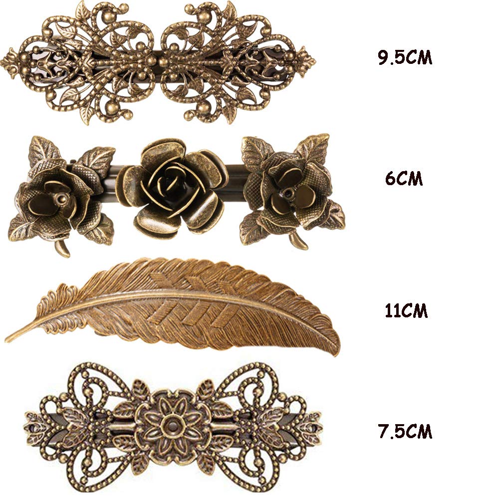Vintage French Hair Barrettes - 4Pcs Rose Flower Feather Clips for Women, Perfect for Weddings & Parties