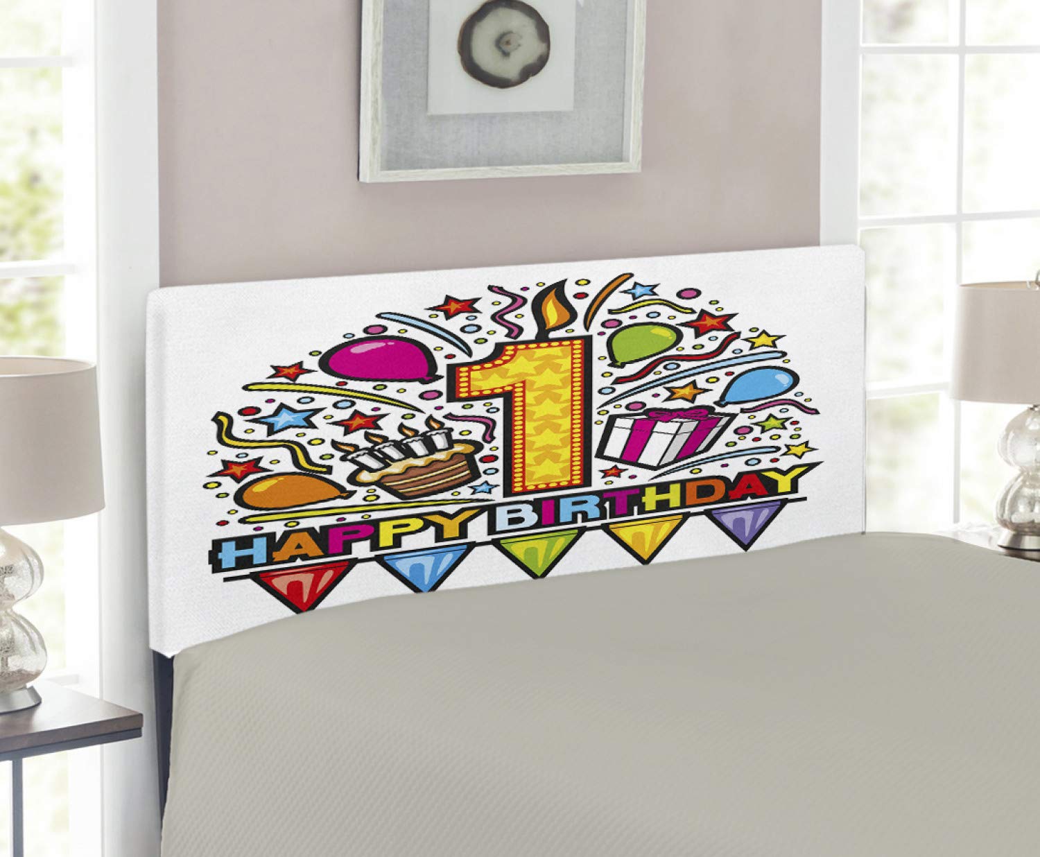 Ambesonne 1st Birthday Cartoon Pop Art Headboard - Twin Size Upholstered Metal Bed Frame with Memory Foam, Colorful Cake & Balloons Print - Perfect for Kids' Room Decor & Birthday Party Themes