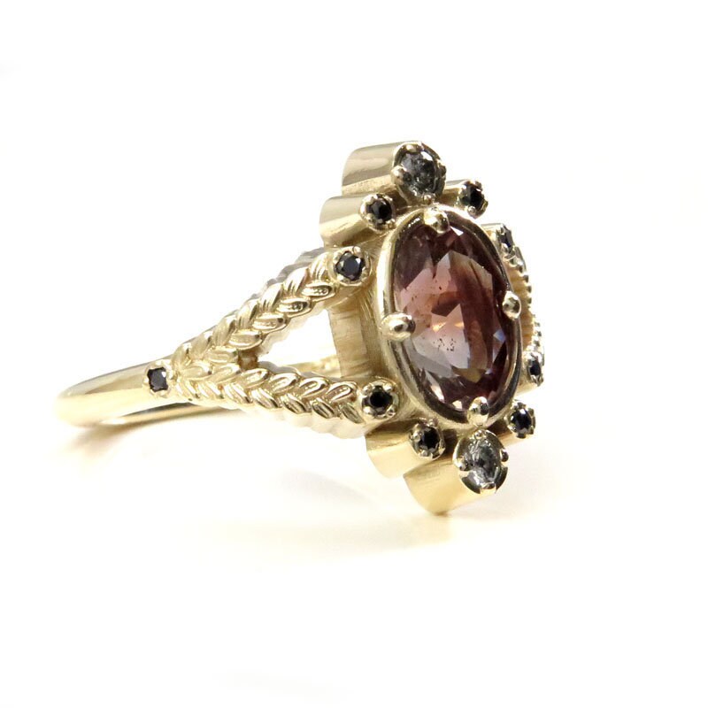 14k Yellow Gold Oval Oregon Sunstone & Sage Split Shank Ring with Salt & Pepper Diamonds & Black Diamonds | Size 6-8 | Ready to Ship | Perfect for Weddings, Anniversaries & Special Occasions