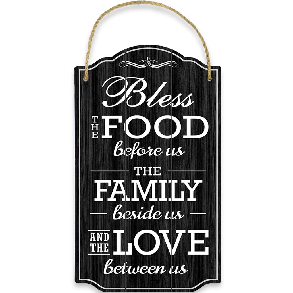 Bless The Food Before Us Black and White Kitchen Wall Decor - Strong PVC Sign with Rope for Hanging - 8.5
