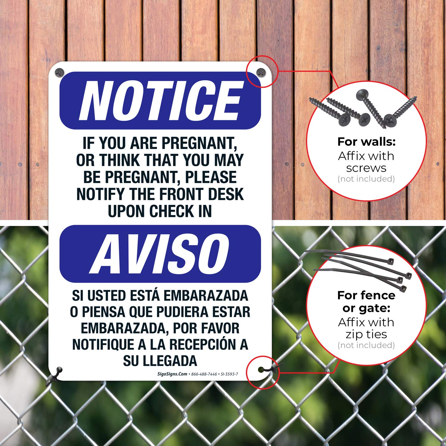 Bilingual Pregnancy Notice Sign - 'If You Are Pregnant Please Notify The Front Desk' OSHA Compliant, 10x7 Inch Rust-Free .040 Aluminum, Fade-Resistant for Indoor/Outdoor Use - Made in USA - Perfect for Hospitals, Clinics, Offices and Public Spaces