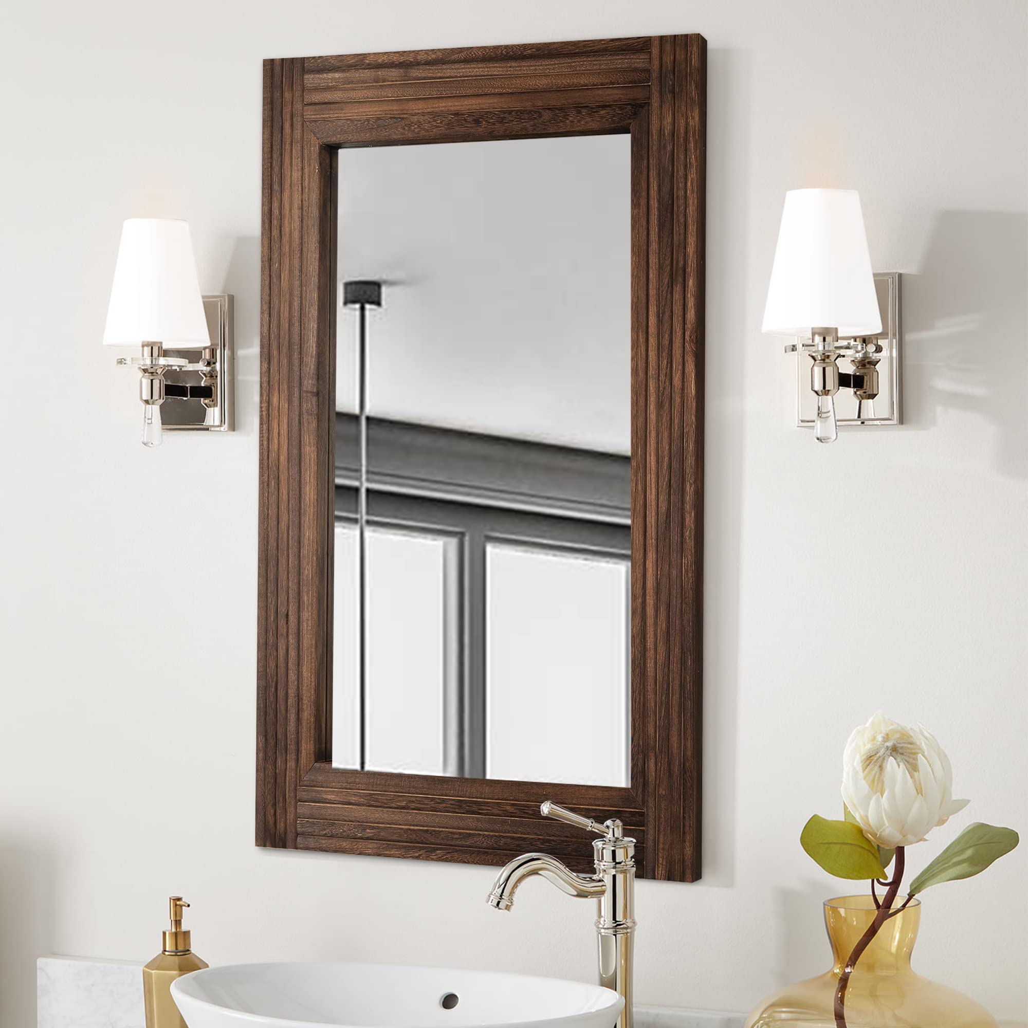 YOSOOT Handmade Wooden Spliced Wall Mirror - Rustic Farmhouse Bathroom Vanity Mirror with Solid Wood Frame, Vertical or Horizontal Hanging, Wall Decor Art for Bathroom, Bedroom, Living Room & Entryway