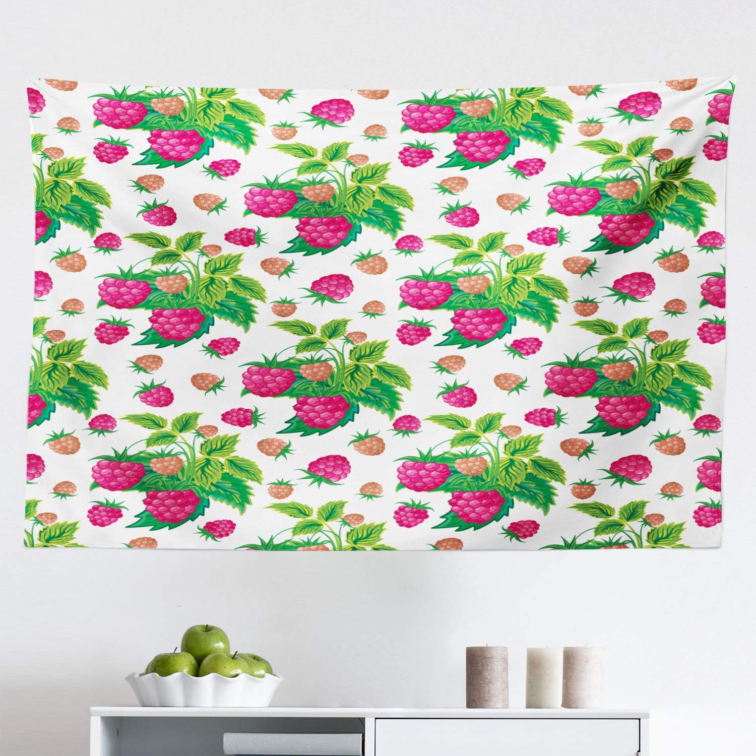 Ambesonne Fruit Tapestry Wall Art - Spring Botanical Raspberry with Green Leaves Fabric Wall Hanging Decor for Bedroom, Living Room, Dorm - 45