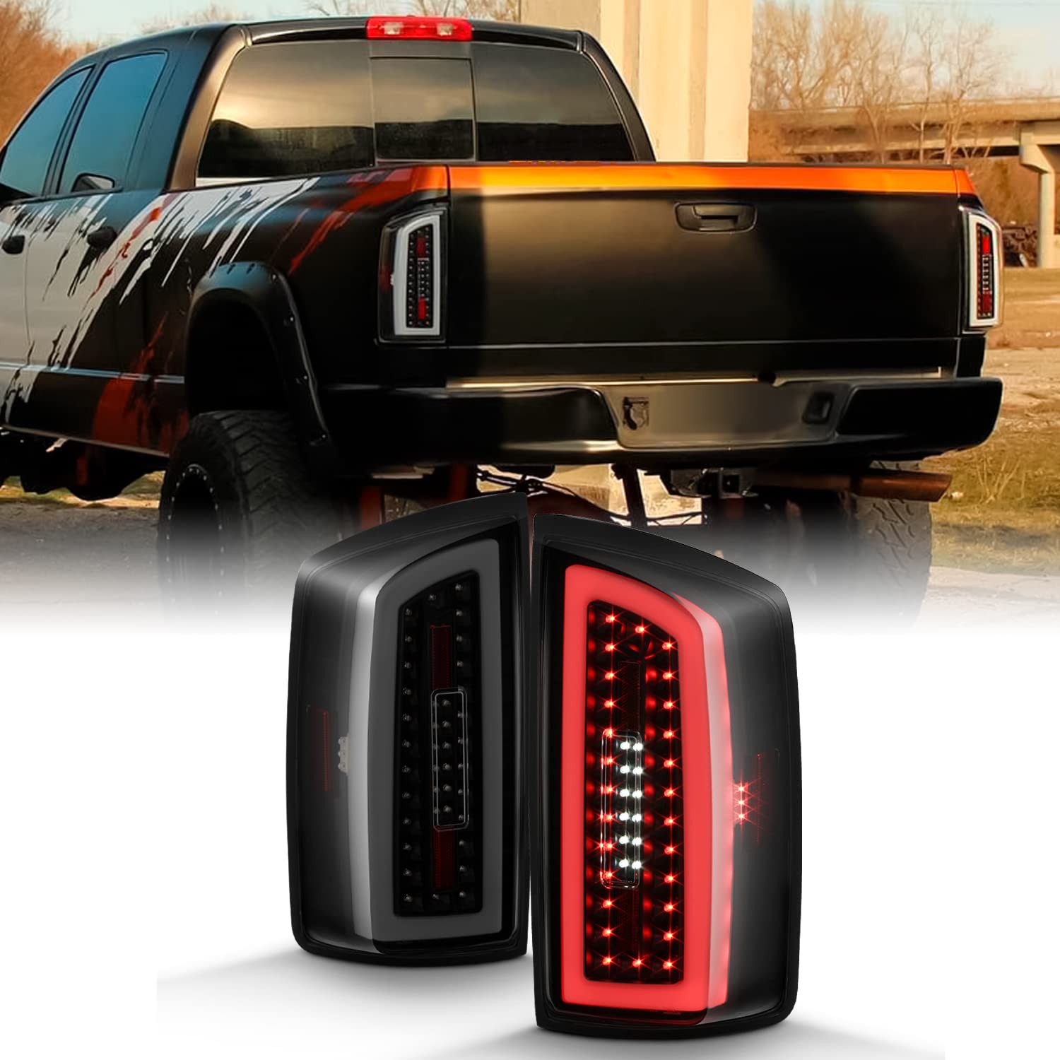 AKKON Full LED Tube Bar Black Smoked Tail Lights Brake Lamp Pair for 2007-2009 Dodge Ram 1500 2500 3500 - Left & Right - Upgrade Your Truck's Style & Night Visibility