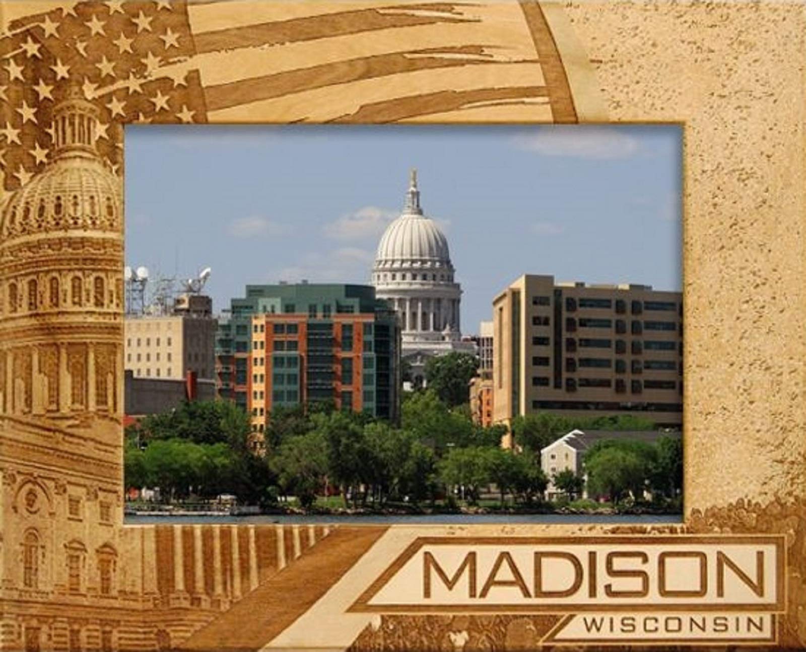 Madison Wisconsin American Flag Laser Engraved Wood Picture Frame 5x7 Inches - Perfect for Home Decor, Office Display & Patriotic Gifts