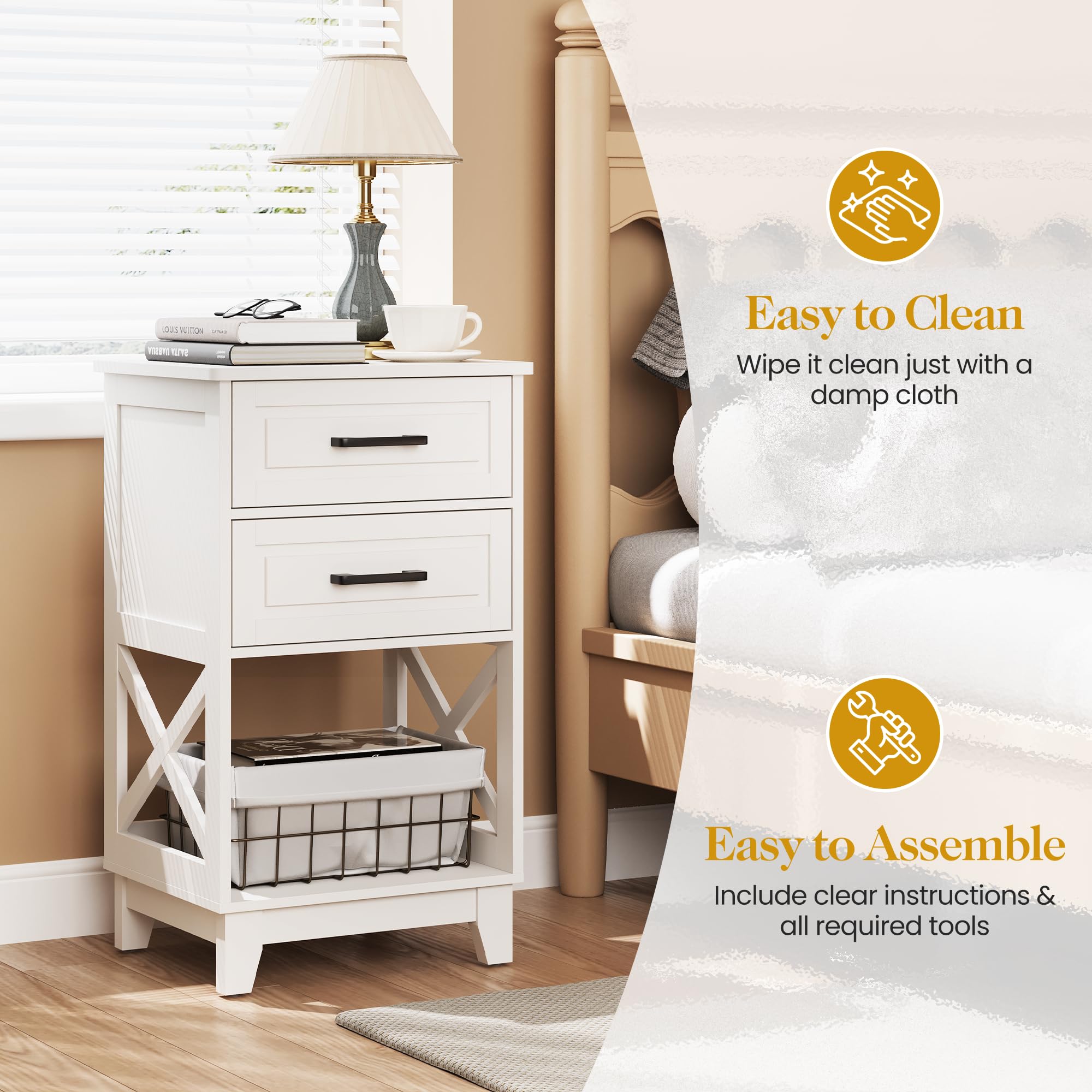 RoyalCraft White Modern Nightstand - Tall Bedside Table with 2 Drawers & Open Shelf, Solid Wood Feet - Perfect for Bedroom, Home Office & Small Space Living (White)