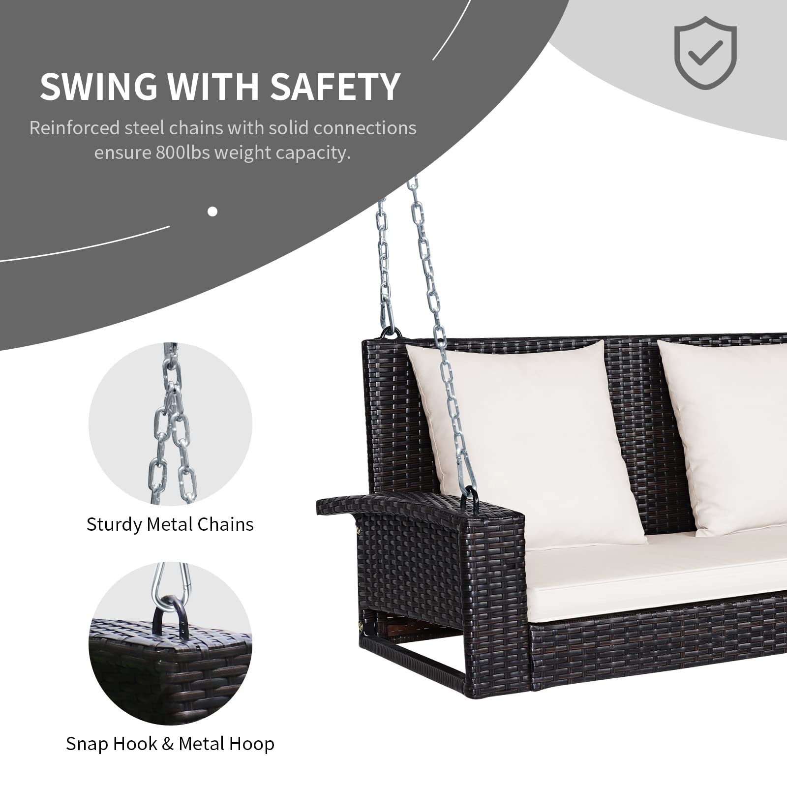 RELAX4LIFE 2-Person Outdoor Porch Swing - Rattan Wicker Hanging Chair with 7.9ft Steel Chains & Cushions - Beige Patio Swing for Front Porch, Garden, Backyard, Deck - Perfect for Relaxing, Reading & Enjoying Nature