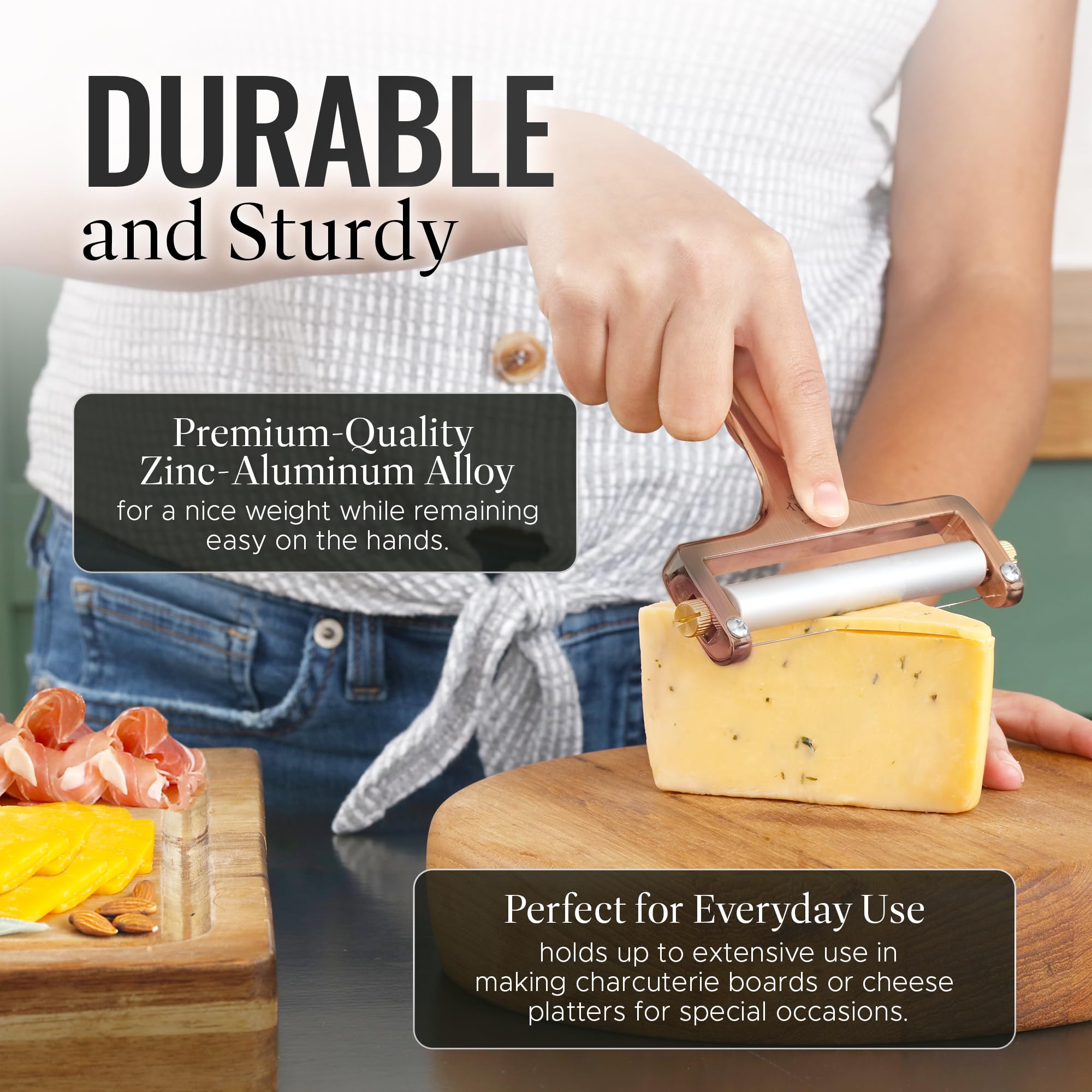 Zulay Adjustable Thickness Cheese Slicer - Heavy Duty Wire Cheese Cutter for Mozzarella, Cheddar, Gouda & Block Cheese - Includes 2 Extra Copper Wires - Perfect for Kitchen, Deli, Party Platters & Charcuterie Boards