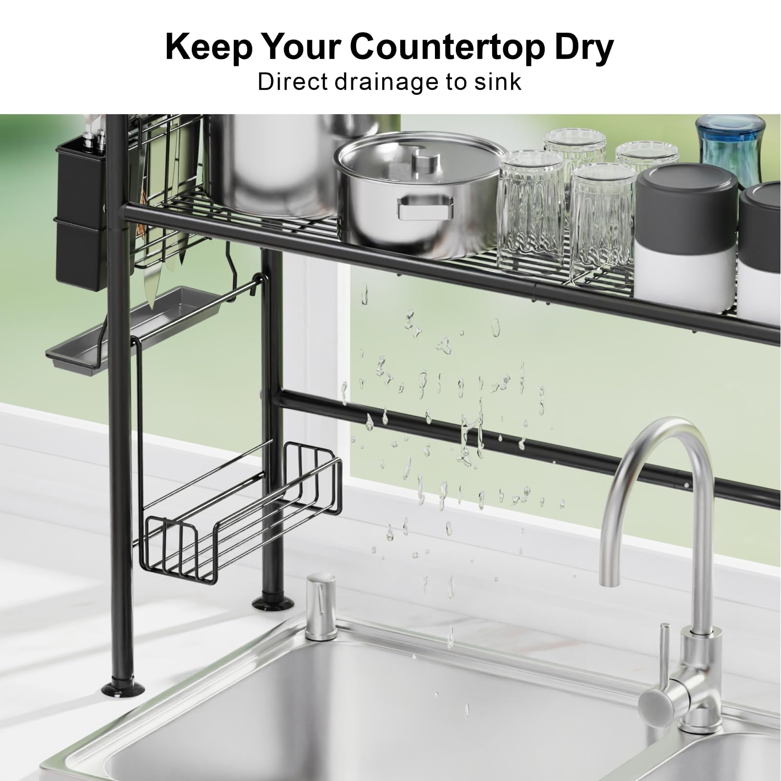 GSlife 2 Tier Over Sink Dish Rack with Utensil Holder - Rustproof Drying Rack for Kitchen Organization - Fits 31.5