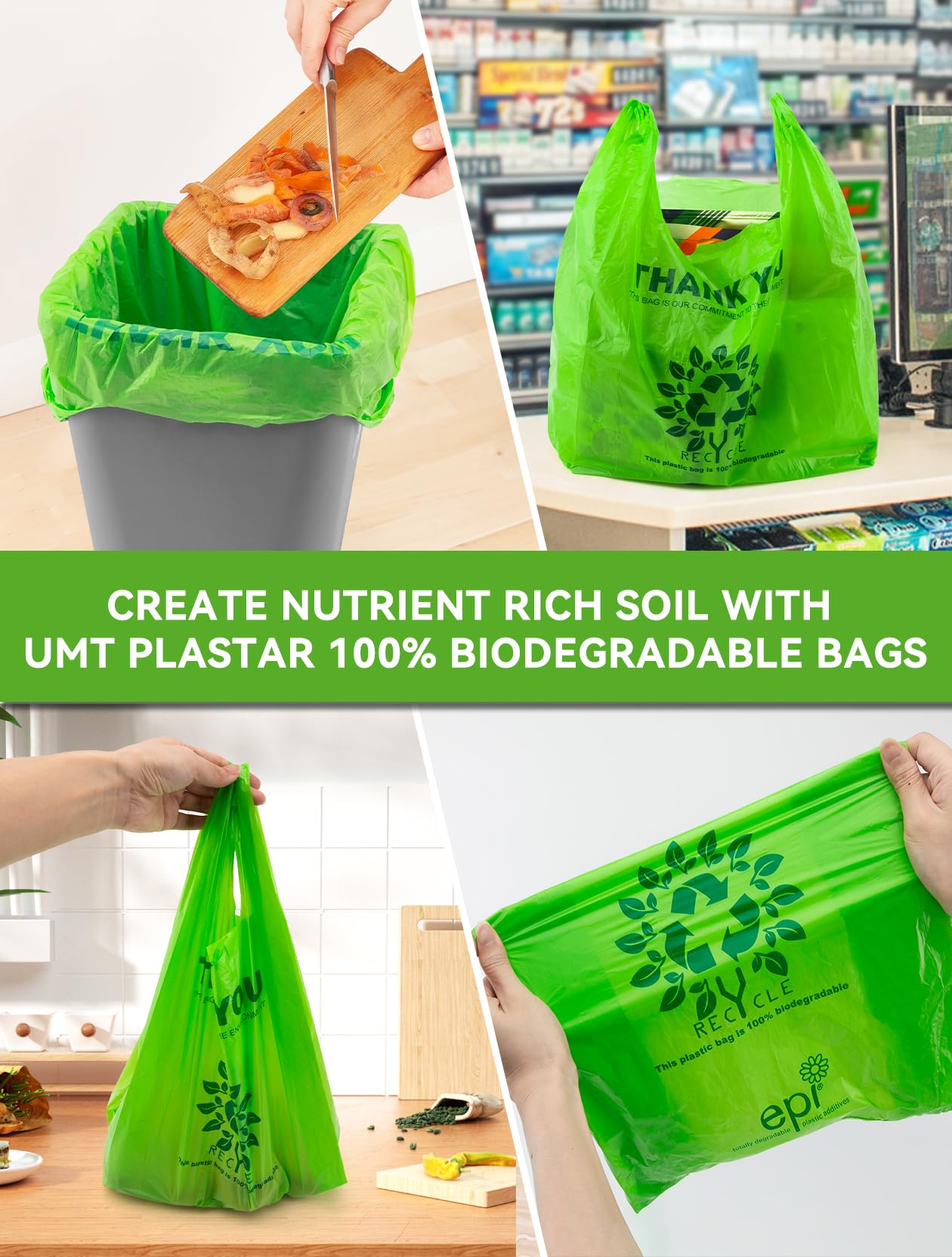 100% Biodegradable T-Shirt Bags - 100 Count Eco-Friendly Compostable Grocery Bags (11.5