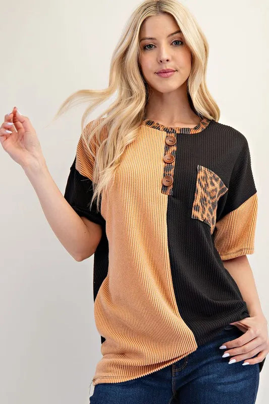 Celeste Plus Size Two Tone Knit Top with Leopard Print Accent - Women's Fashion Blouse for Casual Wear, Office Outfits & Date Nights