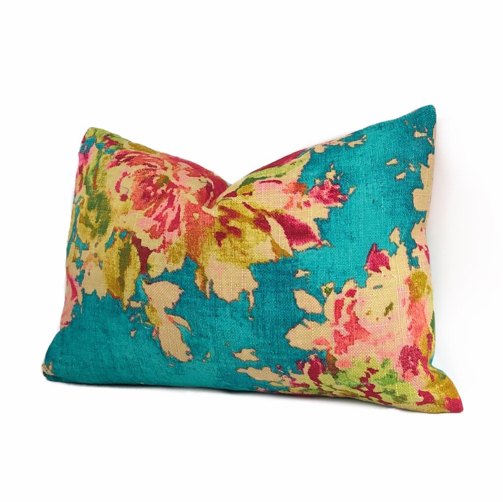 Turquoise Teal Aphrodite Floral Cotton Linen Pillow Cover - Bohemian Home Decor for Living Room, Bedroom, Sofa & Couch