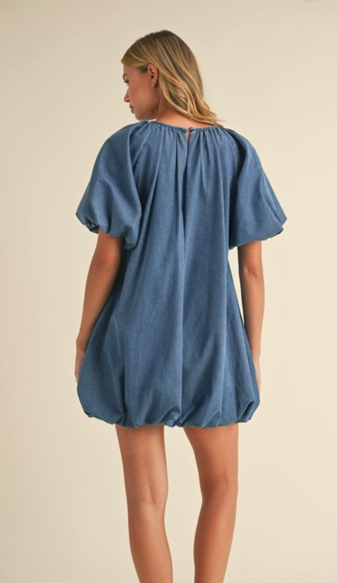 Stylish Denim Puff Sleeve Bubble Mini Dress for Women - Trendy Casual Outfit for Date Night, Parties & Summer Fashion