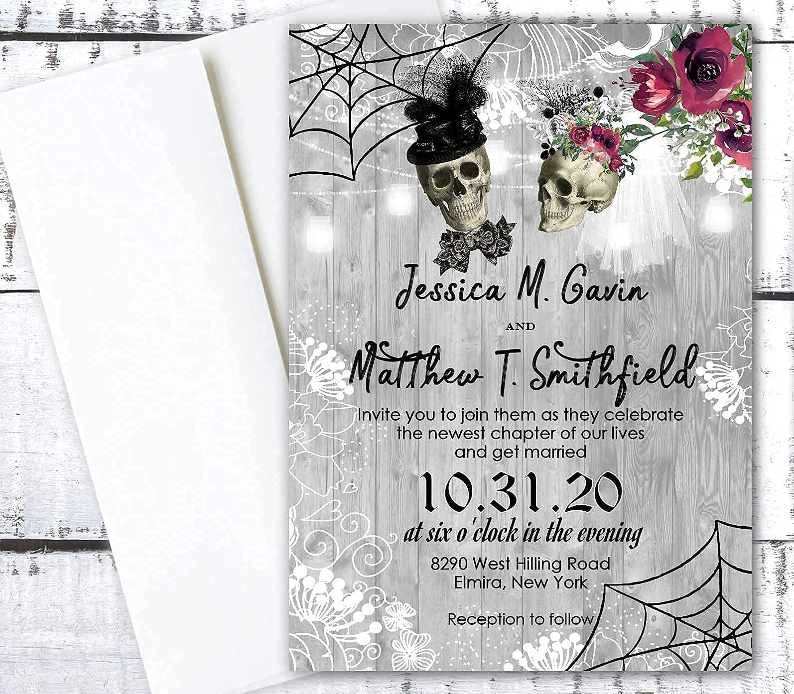 Elegant Skull Wedding Invitations Set of 50 - Gothic Halloween Party Cards for Dark Romance Theme Weddings & Spooky Celebrations