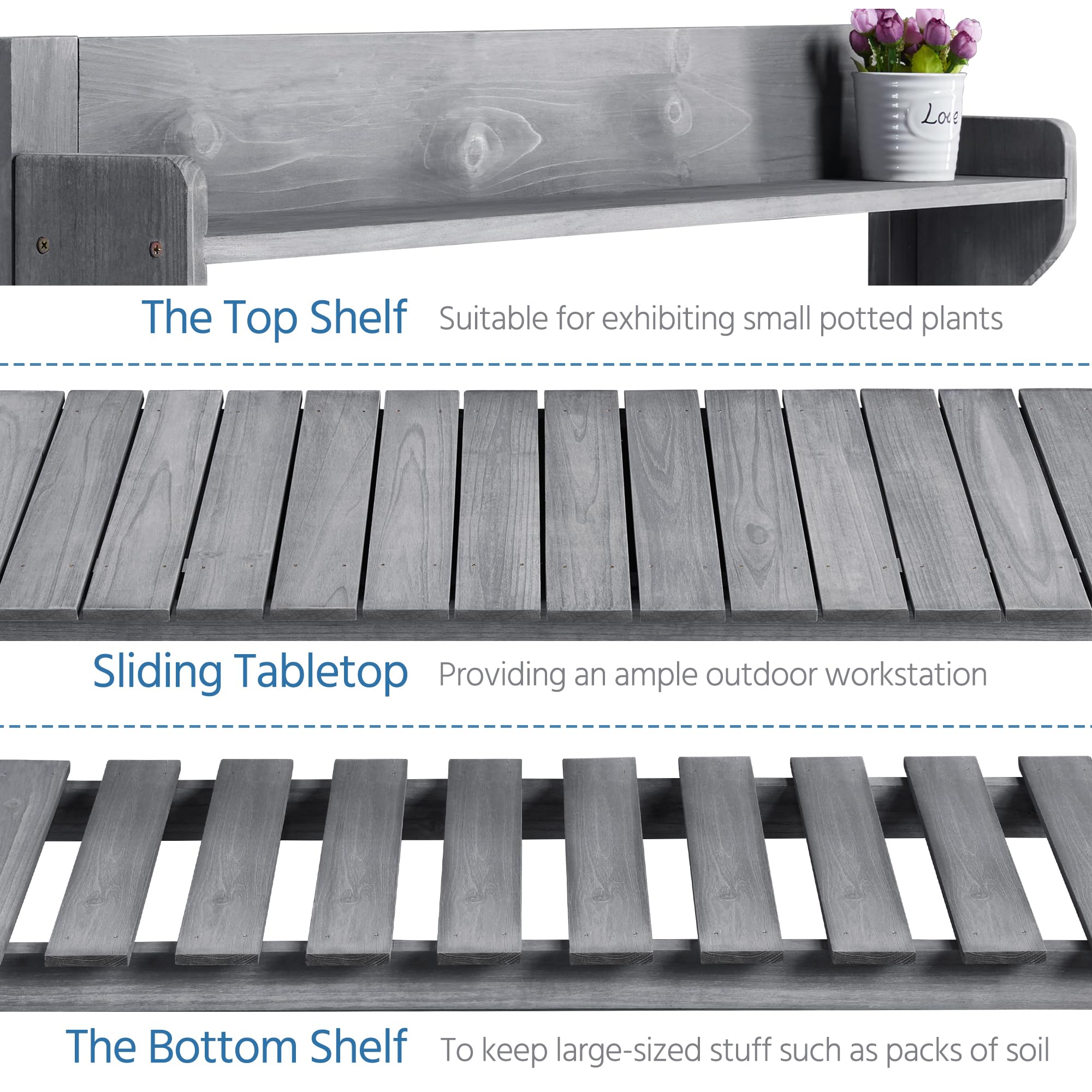 Topeakmart Wooden Potting Table with Sliding Tabletop & Removable Dry Sink - Outdoor Garden Workbench with Storage Shelves for Planting, Gardening - Perfect for Backyard, Patio, Greenhouse (Gray)