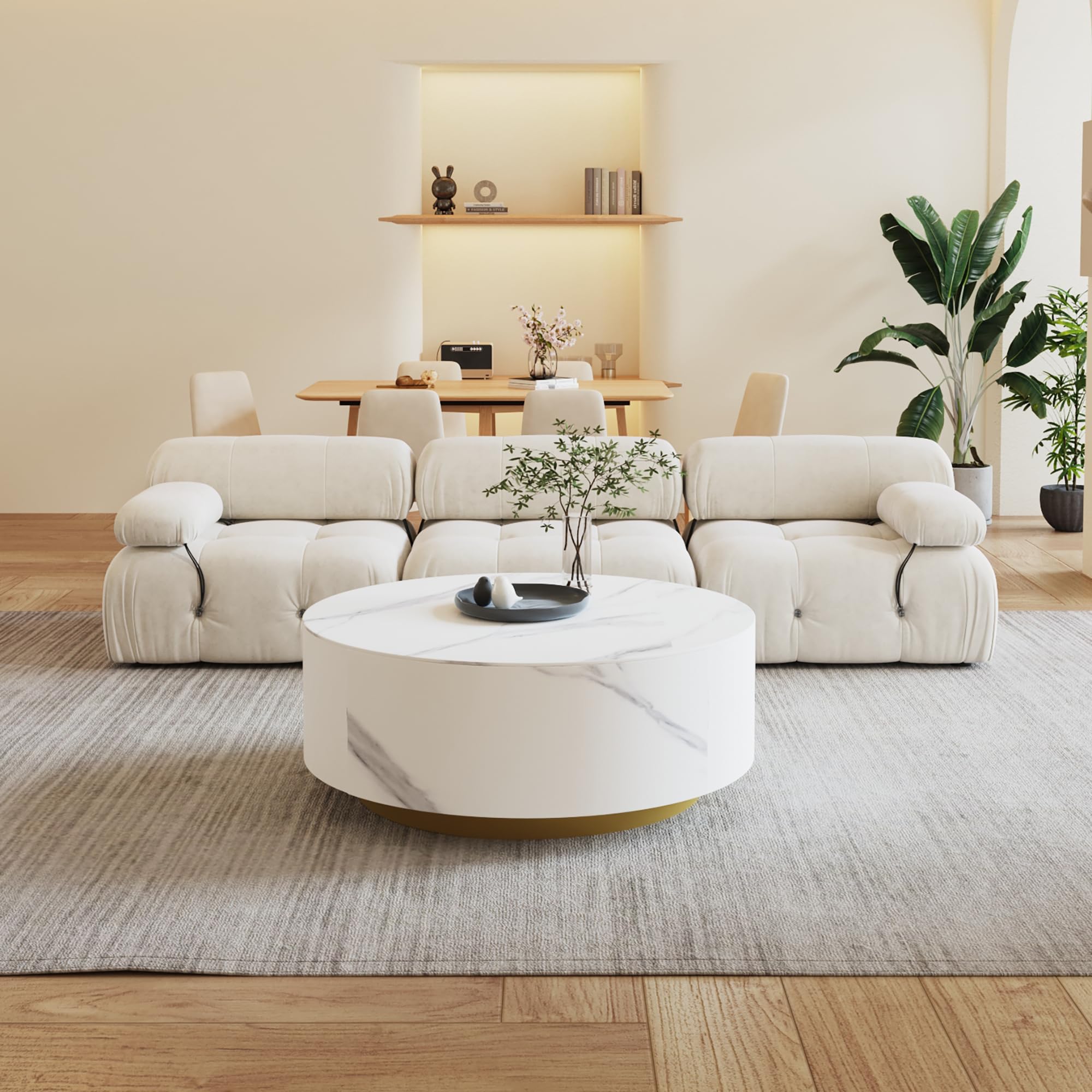Modern Round Coffee Table with 2 Drawers - Sintered Stone Tabletop & Gold Metal Base - 33.4