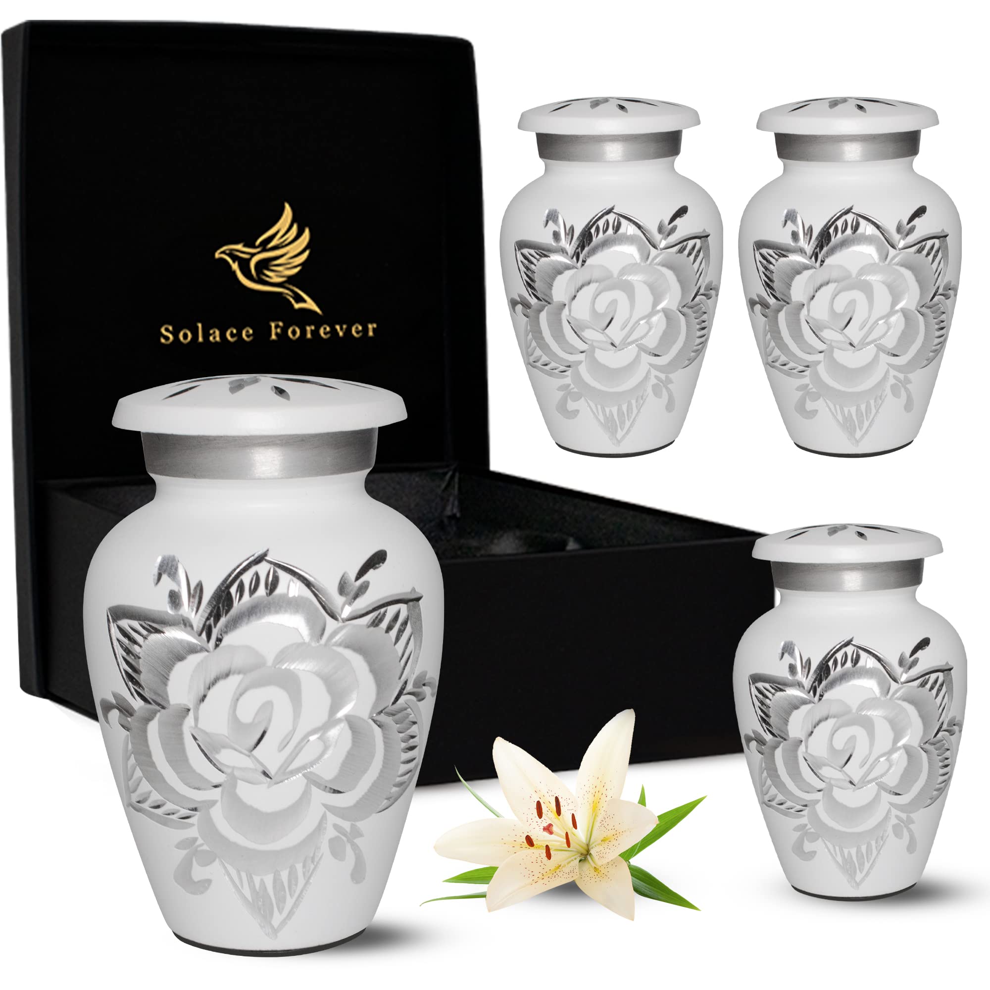 Premium White Rose Keepsake Urns for Human Ashes - Set of 4 Small Cremation Urns with Elegant Gift Box & Storage Bags - Memorial Urns for Men & Women - Perfect for Home Memorials, Funeral Services & Honoring Loved Ones