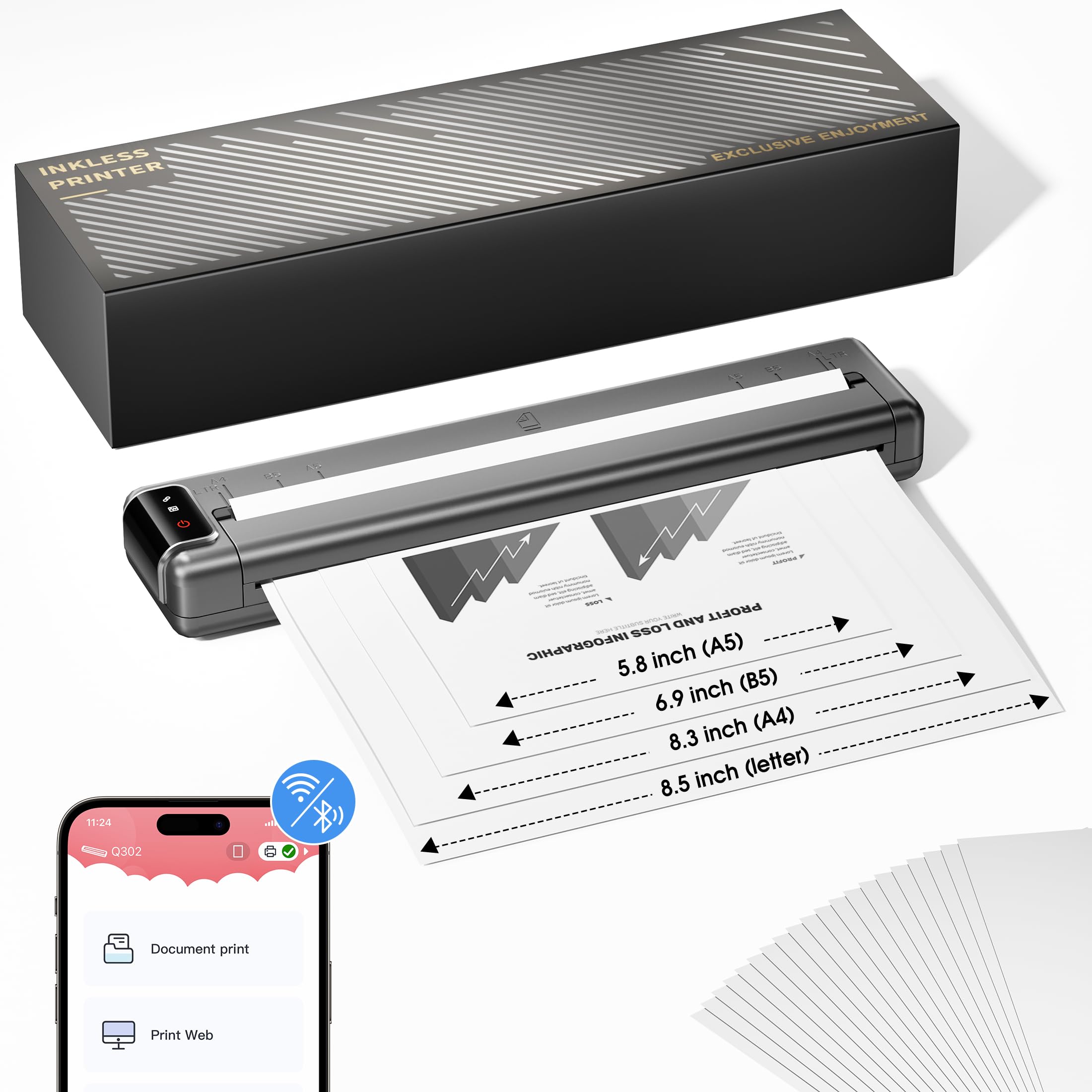 Q302 Wireless Portable Thermal Printer - Bluetooth & WiFi Mobile Printer for Travel & Home Use, Compact Inkless Printer with 300DPI Resolution, Supports 8.5''x11'' US Letter Size | Perfect for Receipts, Labels & On-the-Go Printing
