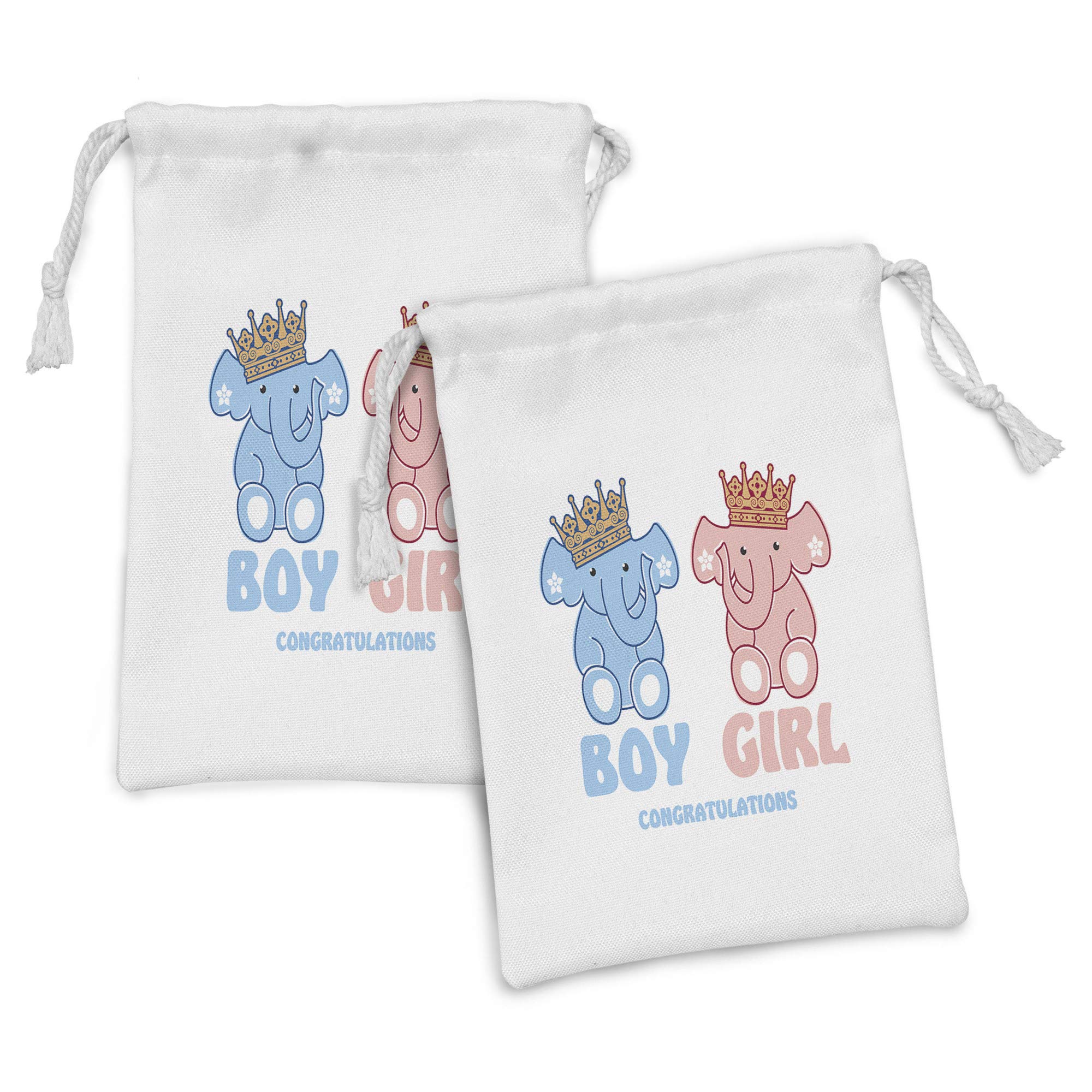 Ambesonne Gender Reveal Fabric Pouch Set of 2 - Baby Shower Gift for Boy & Girl Twins with Elephant & Crown Design, 9