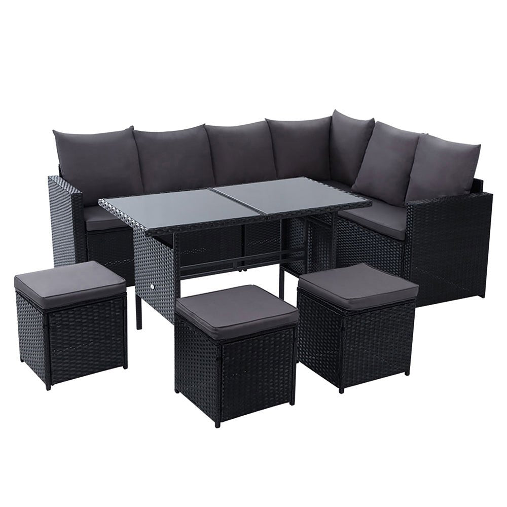 9-Piece Black Wicker Outdoor Patio Furniture Set - Perfect for Garden, Poolside, and Backyard Relaxation