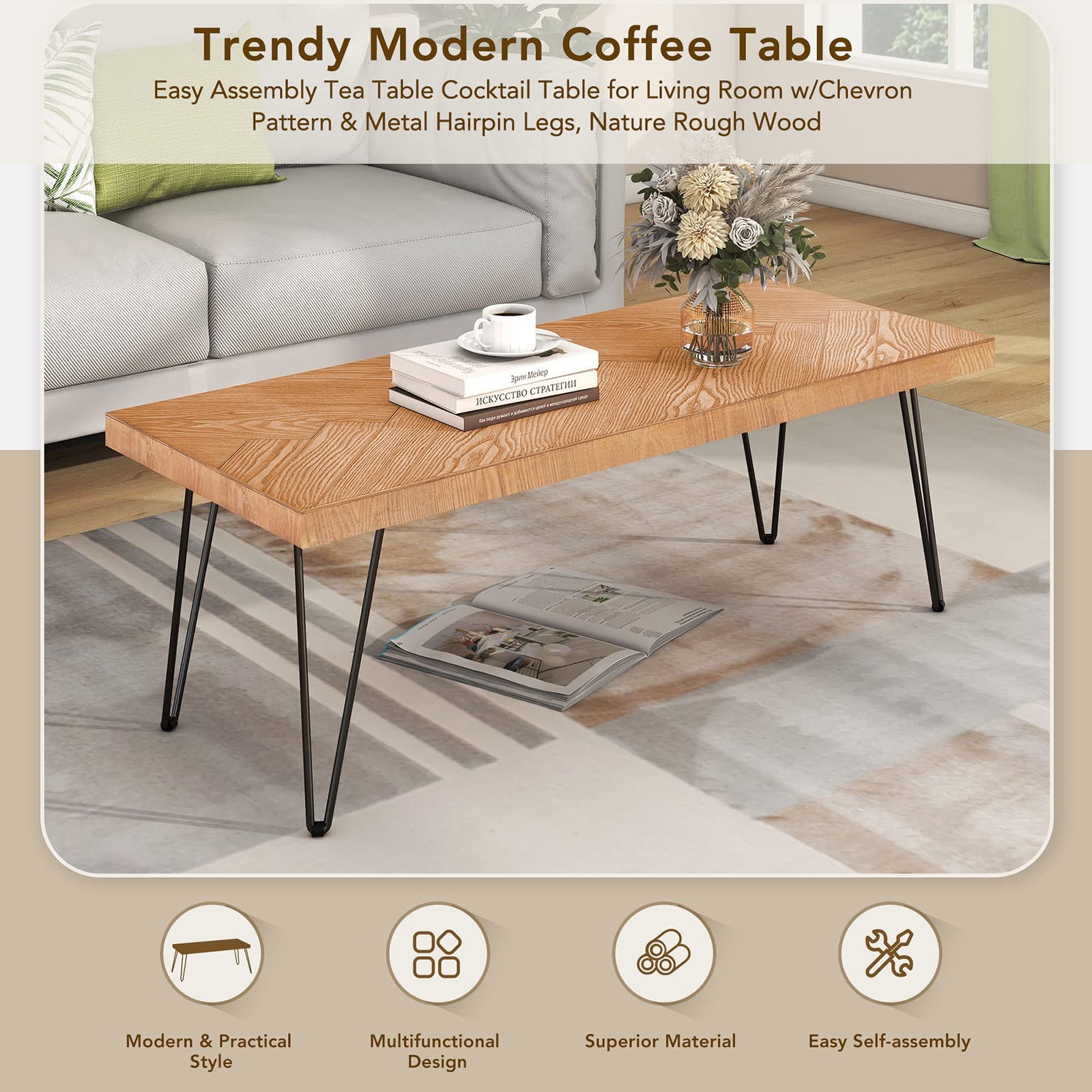 Modern Coffee Table for Living Room - Chevron Pattern, Metal Hairpin Legs, Thick Old Elm Wood Finish - Rustic Rough Wood Grain Surface, Easy Assembly - Perfect for Lounge, Living Room, and Home Decor