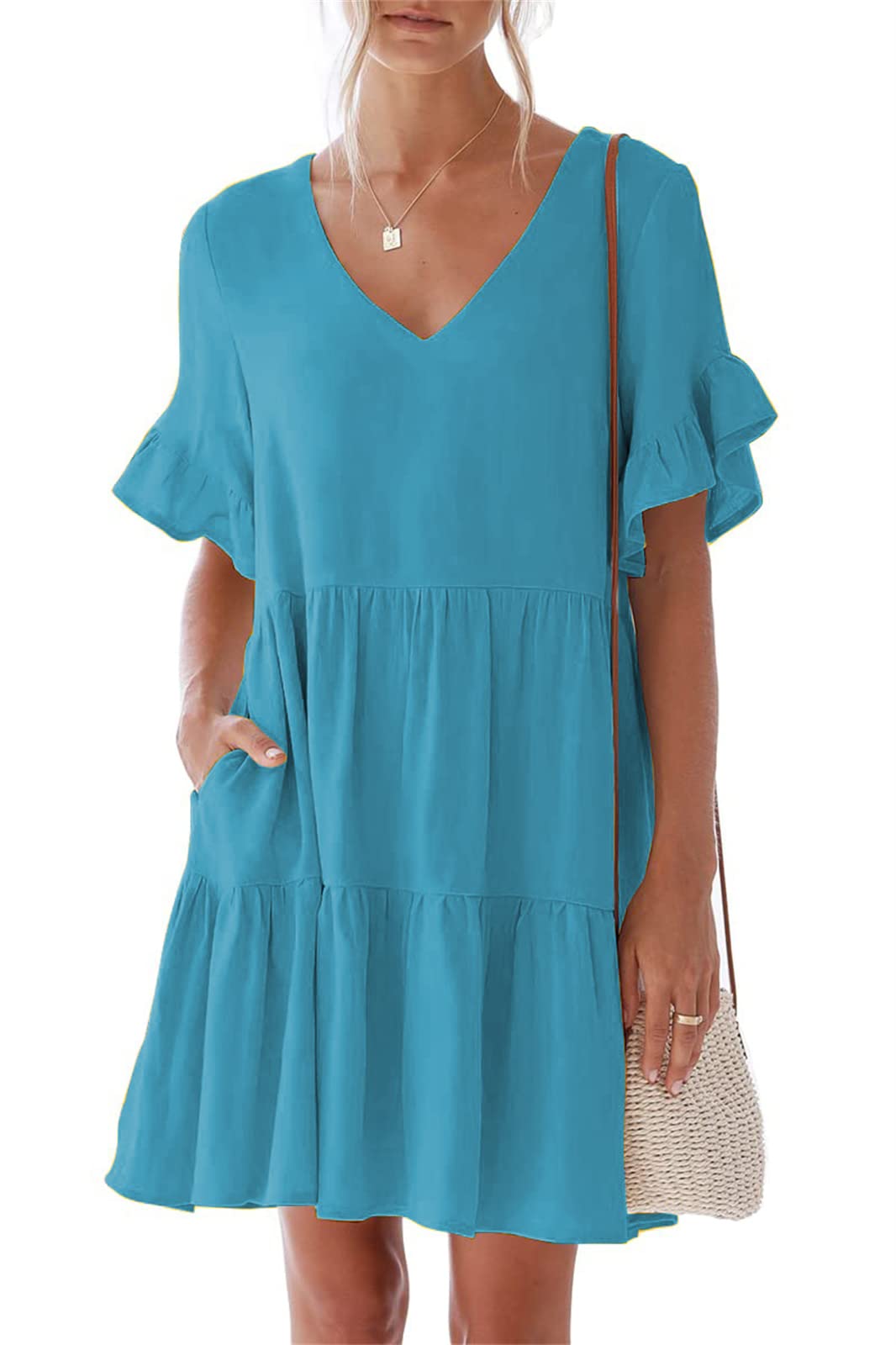 nclook Women's Summer Casual Dress - Sweet & Cute V-Neck Mini Dress with Pockets, Short Sleeve Ruffles | Perfect for Beach Vacation, Date Night & Summer Outings