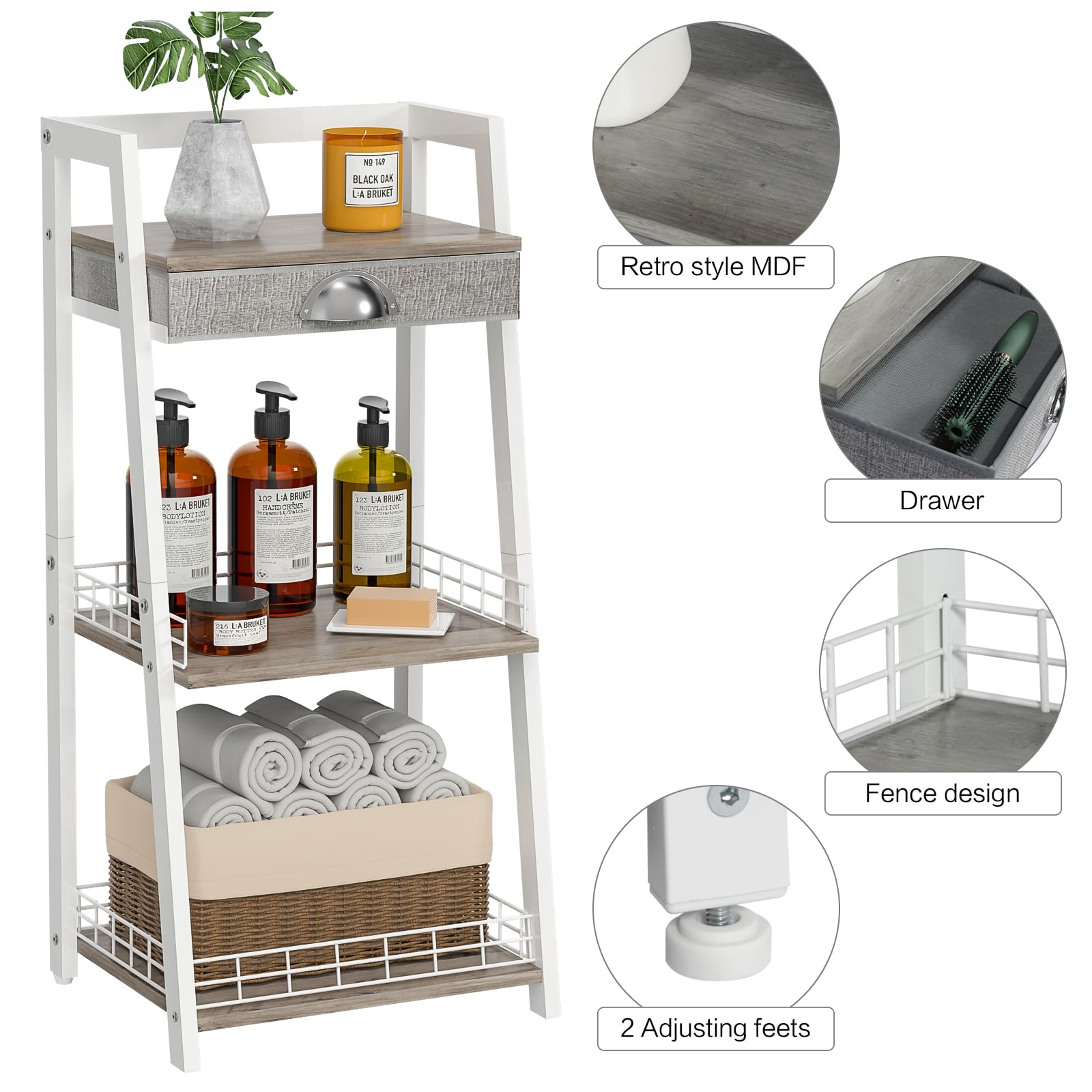 Keomaisyto 3-Tier Bathroom Ladder Shelf with Drawer - Freestanding Storage Shelf for Bathroom, Living Room, Balcony - Space-Saving Organizer for Towels, Plants & Decor (White) - Perfect for Small Spaces & Home Organization