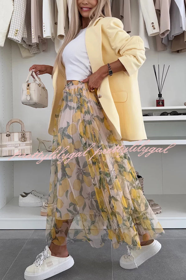 Summer Lemon Print Elastic Waist Tulle Midi Skirt for Women - Flowy A-Line Party Dress for Beach Vacation, Garden Wedding & Casual Outings
