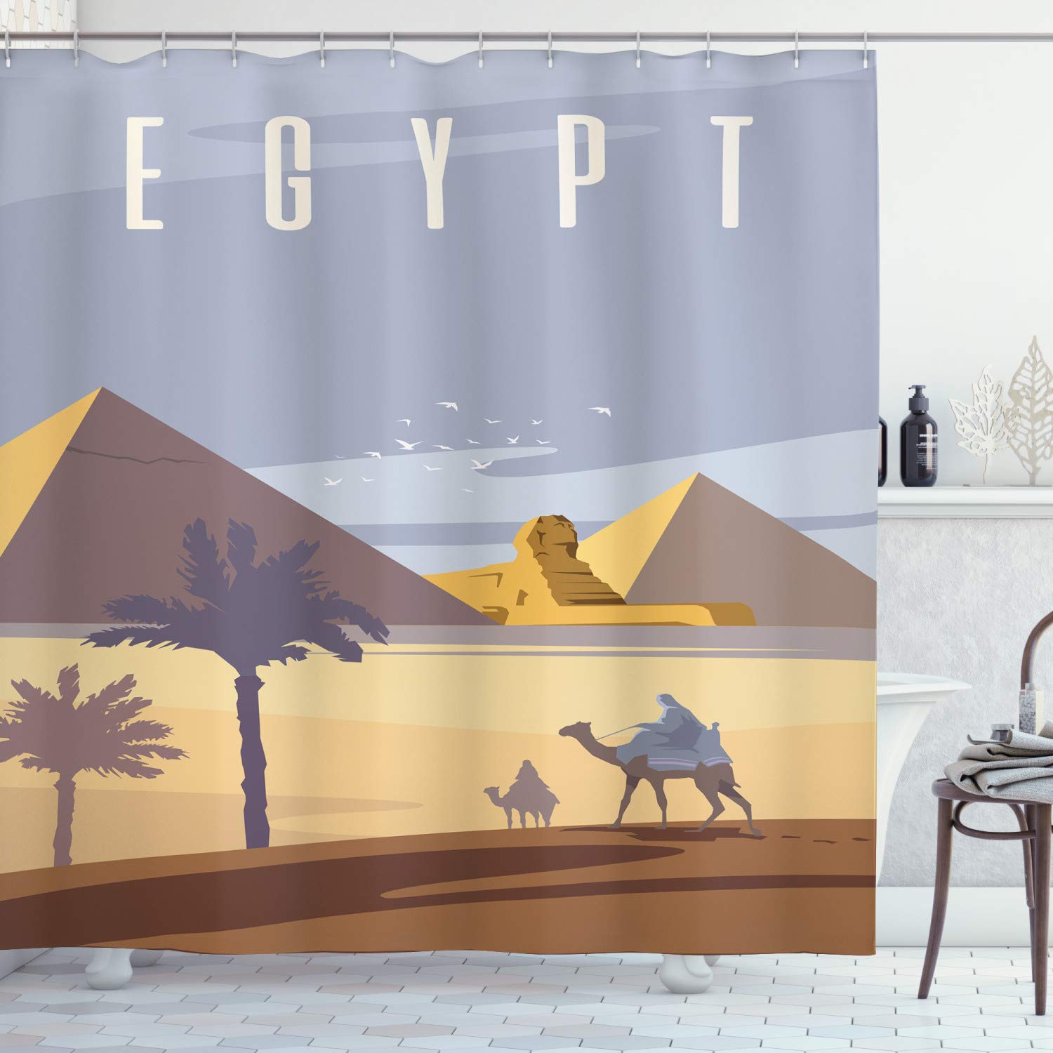Ambesonne Vintage Egyptian Print Shower Curtain - Retro Cleopatra Bathroom Decor with Hooks, 69x84 Inches, Blue & Yellow Fabric - Perfect for Themed Bathrooms, Egyptian Decor, and Unique Gift Ideas