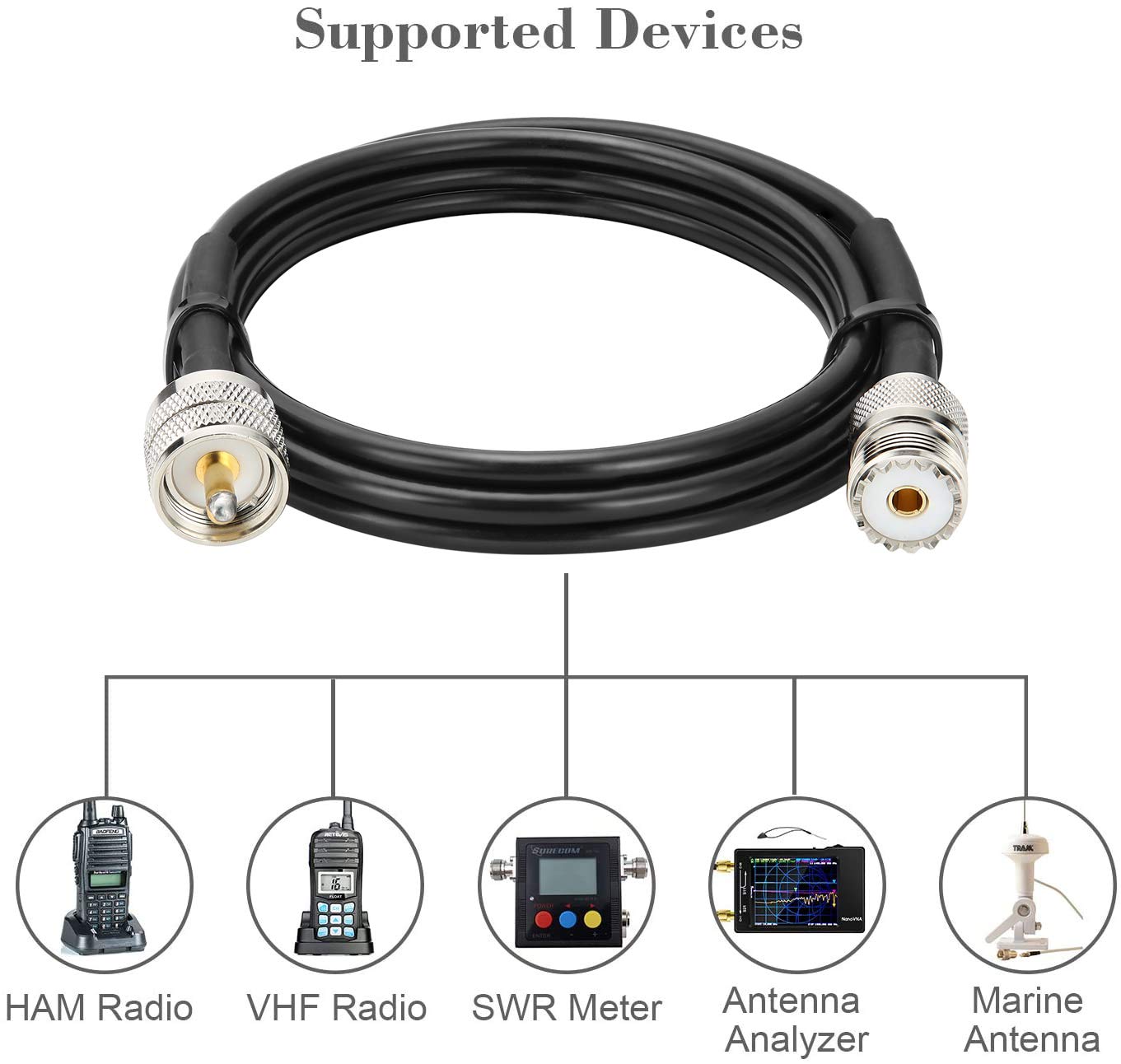 PL-259 UHF CB Coaxial Cable 6FT - RG58 Male to Female Low Loss Antenna Extension Jumper Cable for CB Radio, HAM Radio, Antenna Analyzer, SWR Meter & Dummy Load - Perfect for Radio Communication, Signal Testing & Equipment Connection