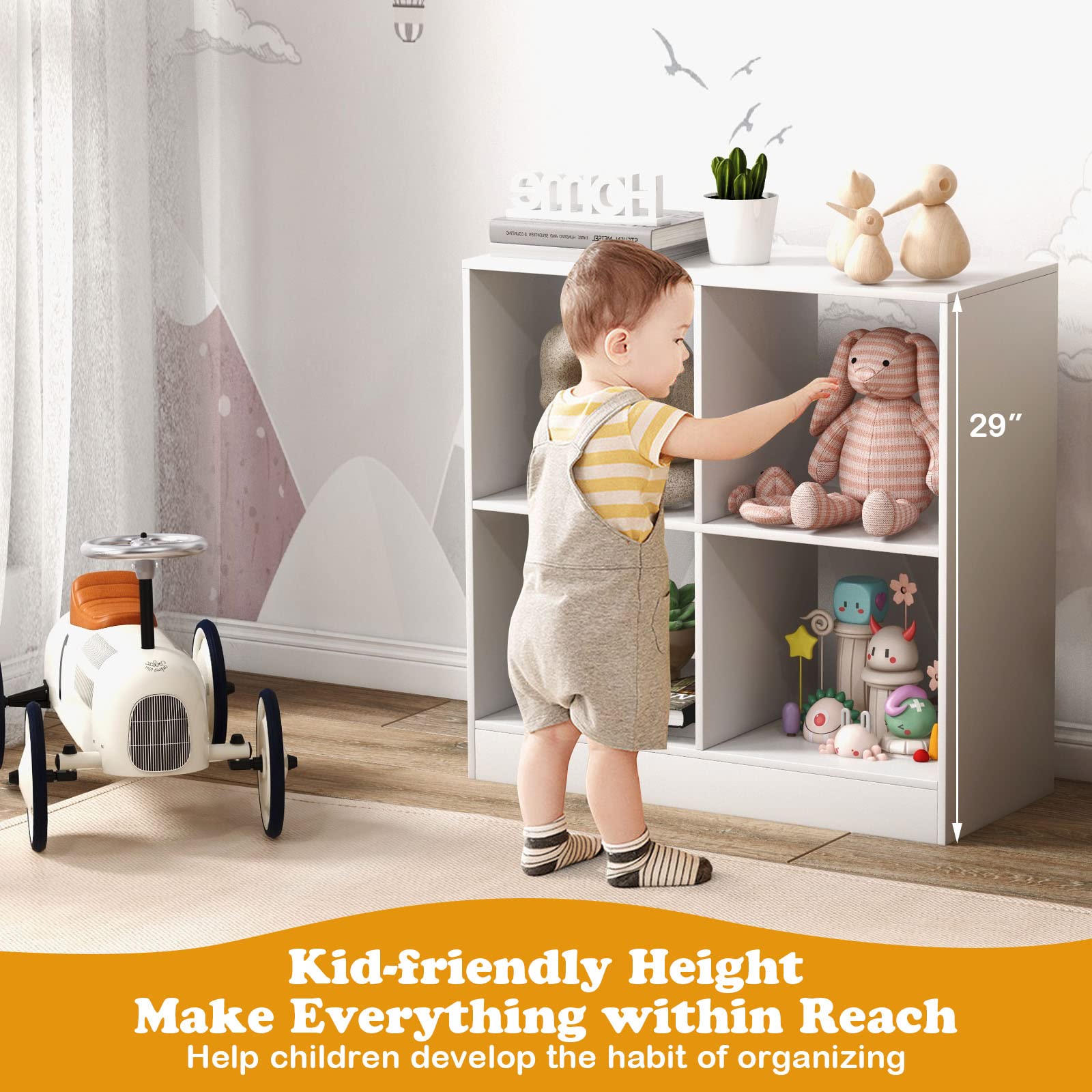 Costzon 4-Cube Wooden Toy Organizer & Bookshelf for Kids - White Storage Unit for Books, Toys, and Display - Perfect for Bedroom, Living Room, Nursery, and Playroom Organization