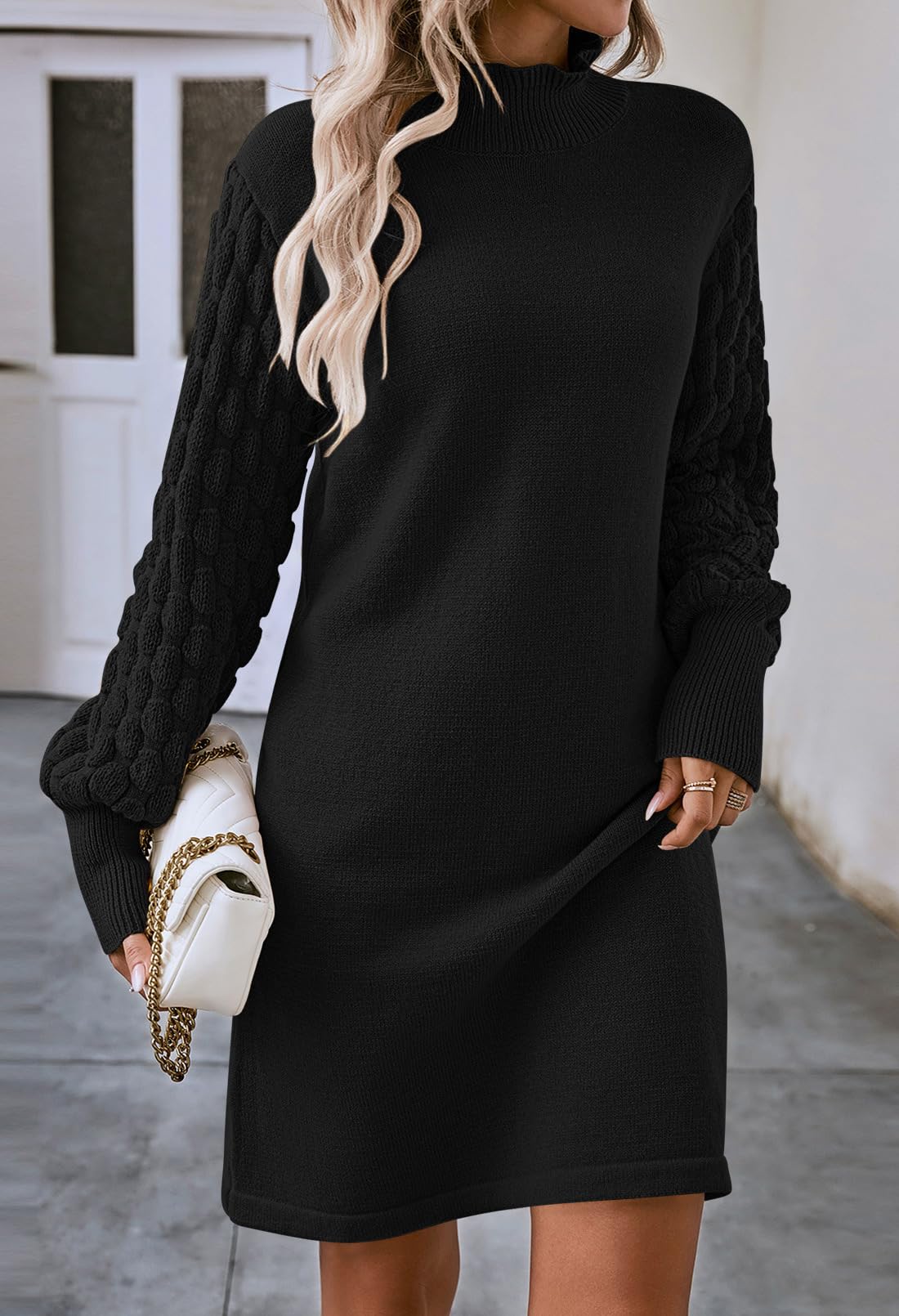 HUUSA Women's Winter Dresses 2024 - Cozy Fall Puff Sleeve Long Sleeve Sweater Dresses, Loose Mock Neck Mini Dress for Casual Outings & Date Nights | Perfect for Holiday Parties, Office Wear & Winter Vacations