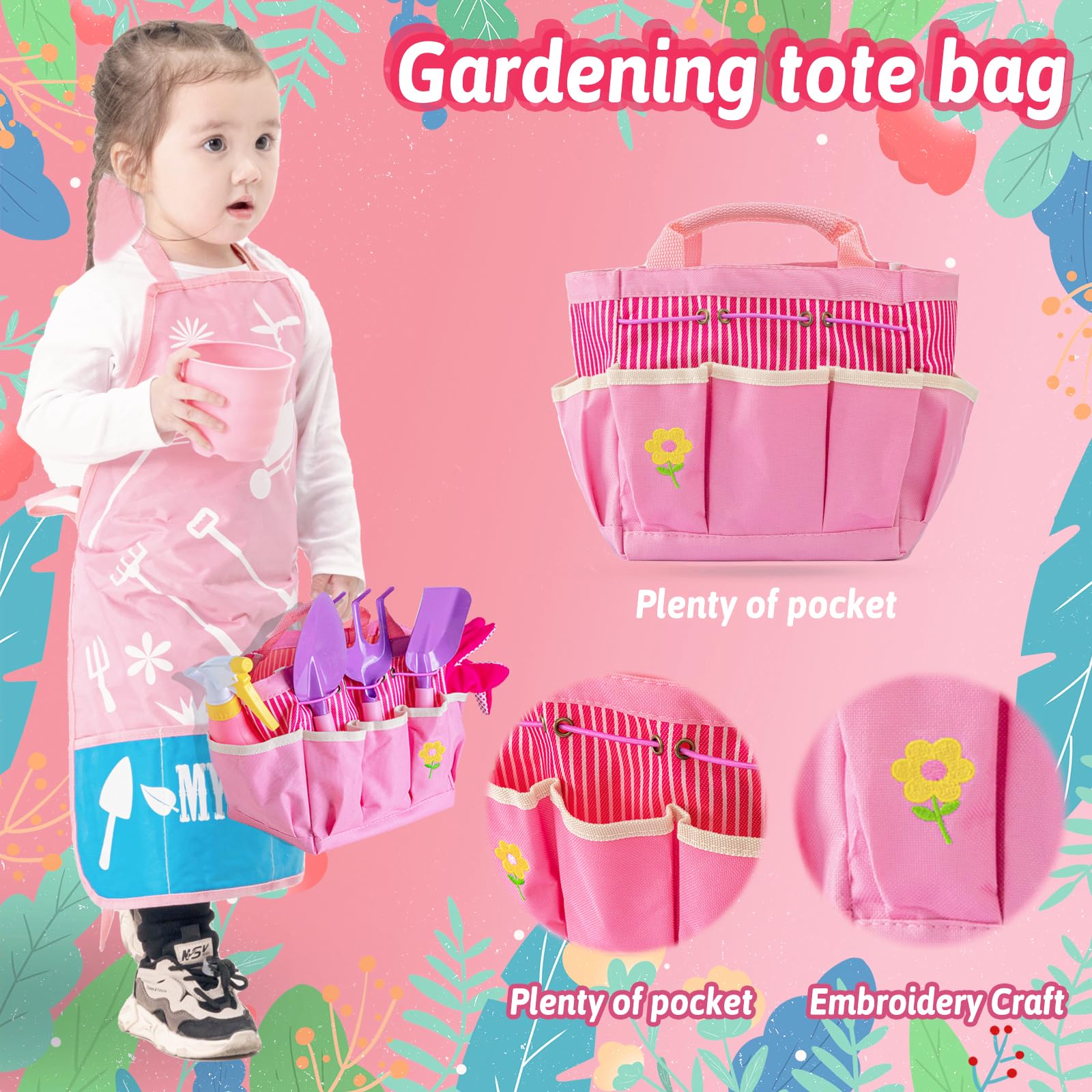 **Pink Kids Gardening Tools Set - Metal Rake, Shovel, Trowel, Watering Can, Gloves & Tote Bag - Outdoor Garden Toy for Toddler Boys & Girls - Perfect for Spring & Summer Planting, DIY Projects & Outdoor Play**