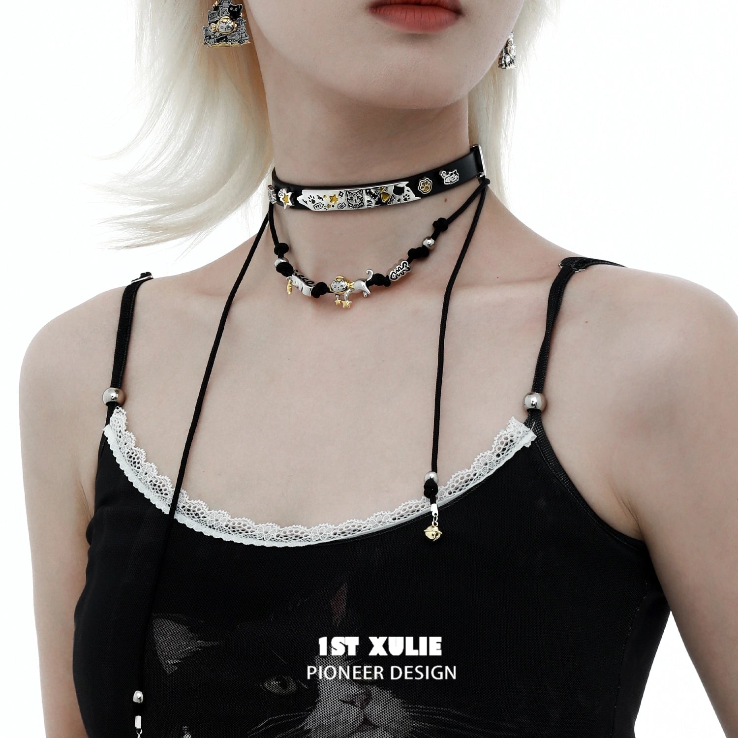 Graffiti Kitten Lazy Cat 18K Gold Plated Leather & Nylon Choker Necklace for Women - Trendy Gothic Punk Jewelry for Concerts, Parties & Everyday Wear