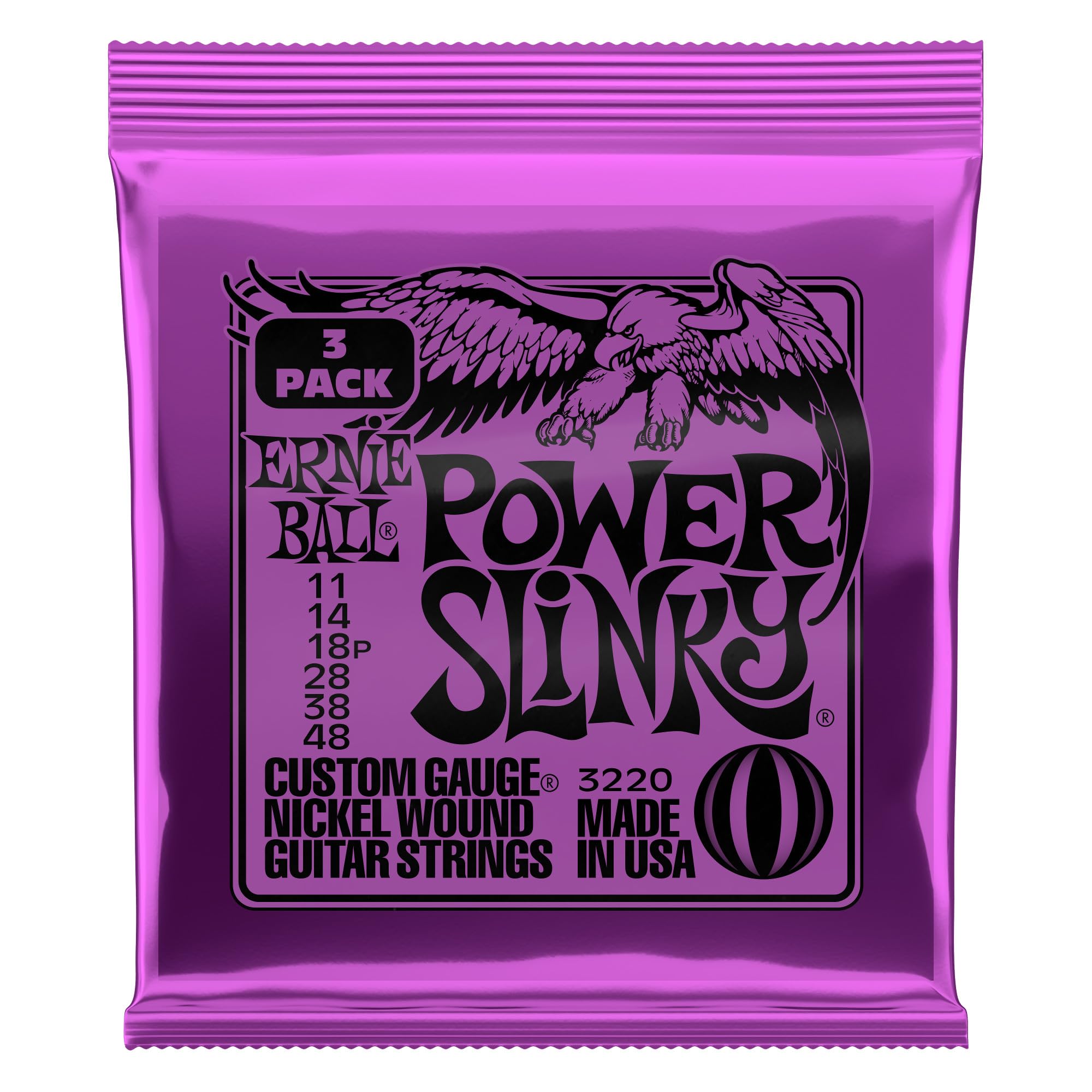 Ernie Ball Power Slinky Nickel Wound Electric Guitar Strings 3-Pack, 11-48 Gauge (P03220) - Perfect for Rock, Metal & Heavy Playing Styles