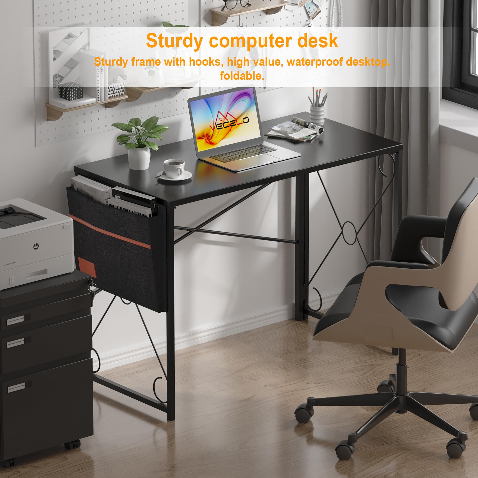 VECELO 39 Inch Folding Desk - Simple Assembly Computer Desk for Home Office, Study & Small Spaces | Writing, Working & Gaming Desk | Foldable Table with Sturdy Frame (Black) - Perfect for Apartments, Dorms & Workspaces