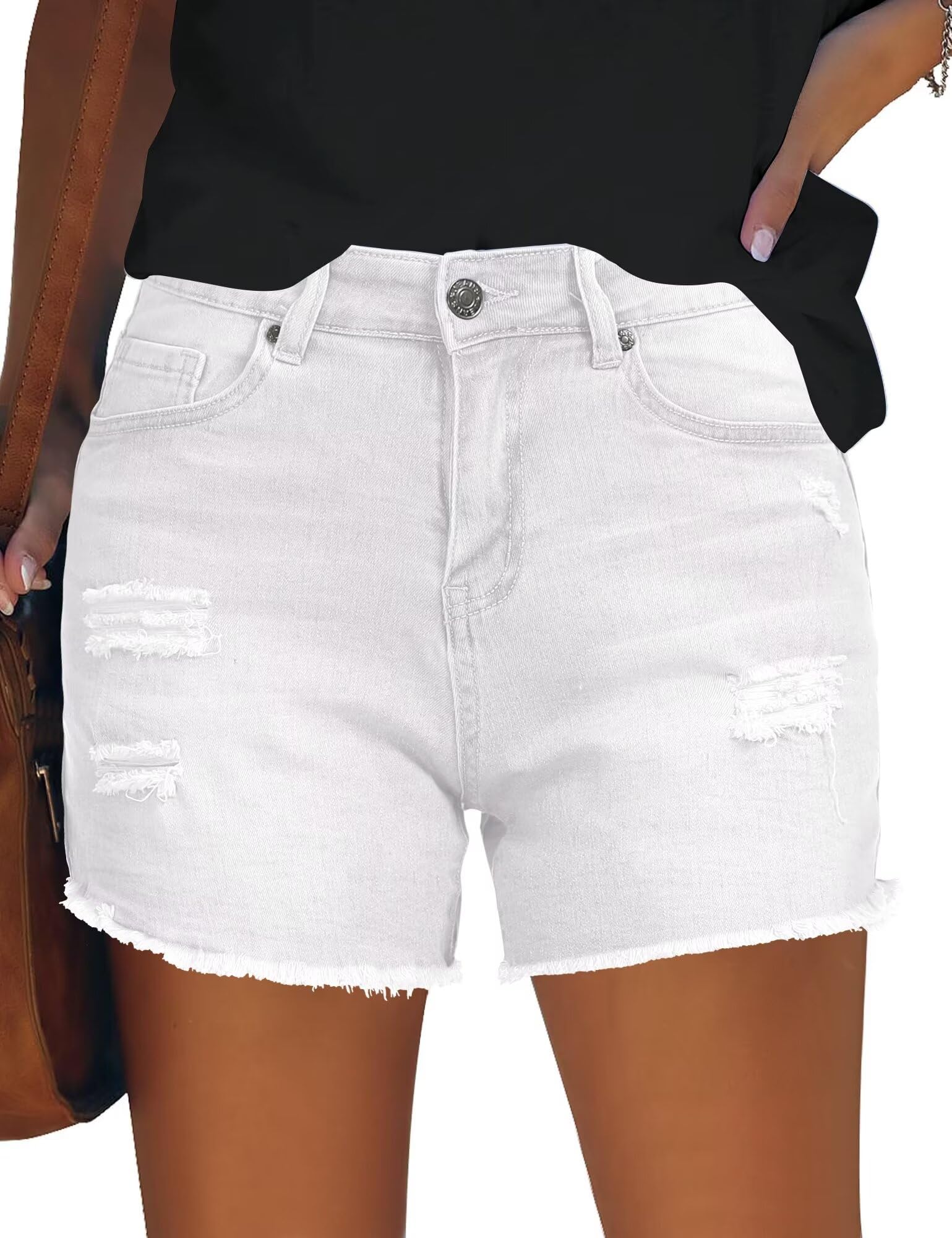 QACOHU Women's 2024 High Waisted Ripped Denim Shorts - Stretchy Summer Jean Shorts for Casual Wear | Perfect for Beach, Shopping & Outdoor Activities