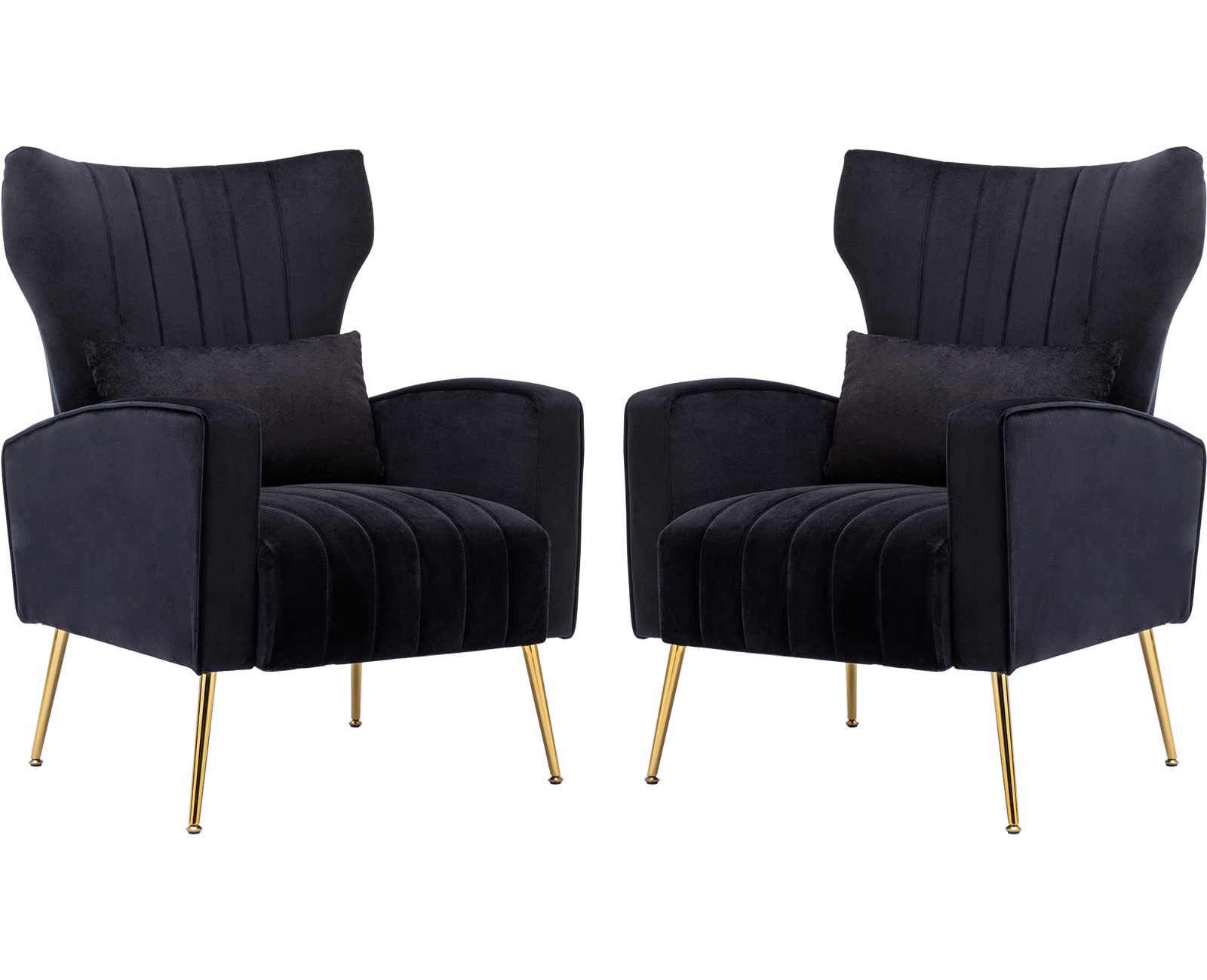 Kmax Velvet Accent Chair - Mid-Century Modern Armchair with Gold Metal Legs & Wingback Design, Includes Soft Pillow (Set of 2, Black) - Perfect for Bedroom Seating, Living Room Decor, Vanity Area & Cozy Reading Nook