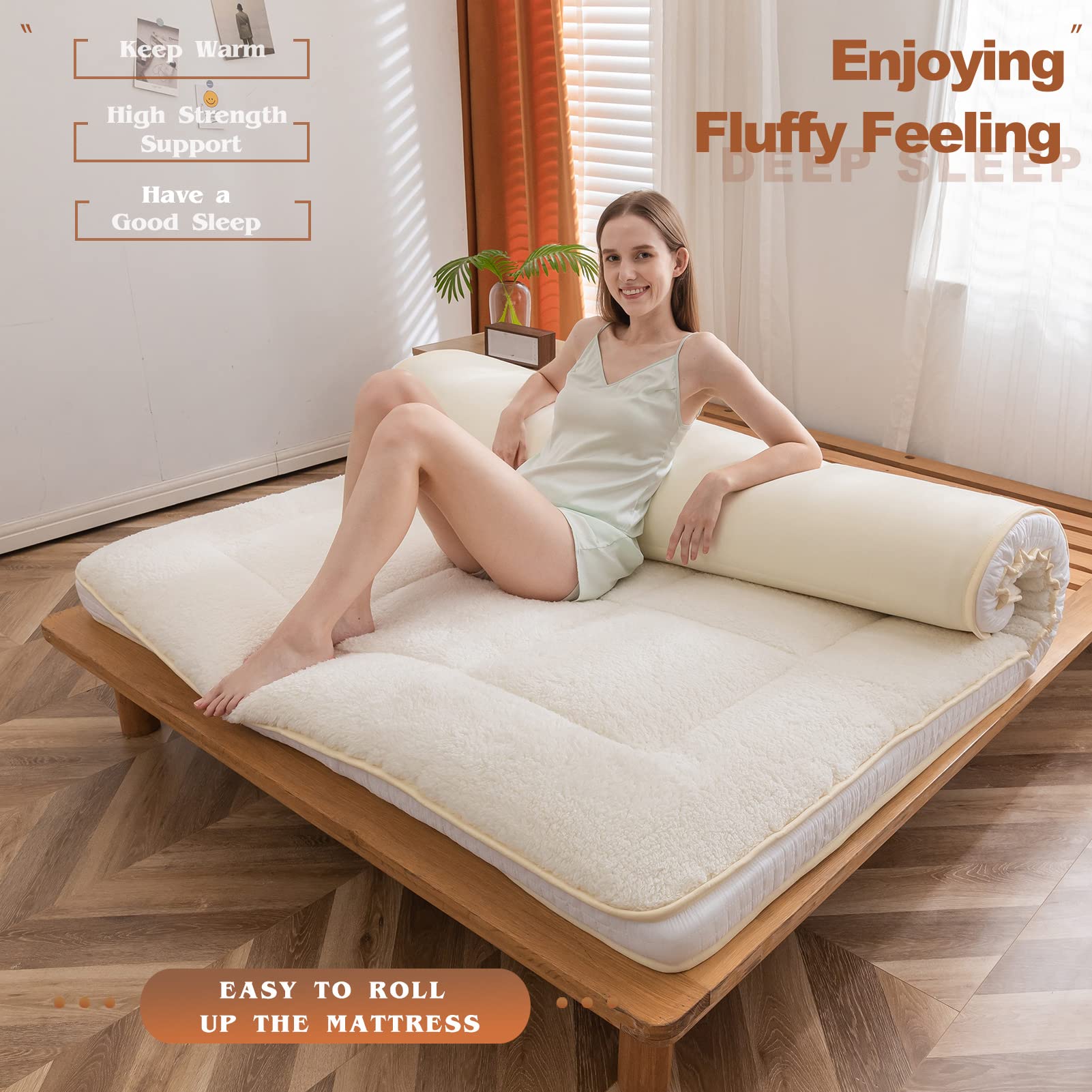 MAXYOYO Sherpa Fleece Padded Japanese Floor Mattress - Ultra Soft Fluffy Futon for All Seasons in Beige | Perfect for Guest Beds, Living Room Lounging & Cozy Home Decor
