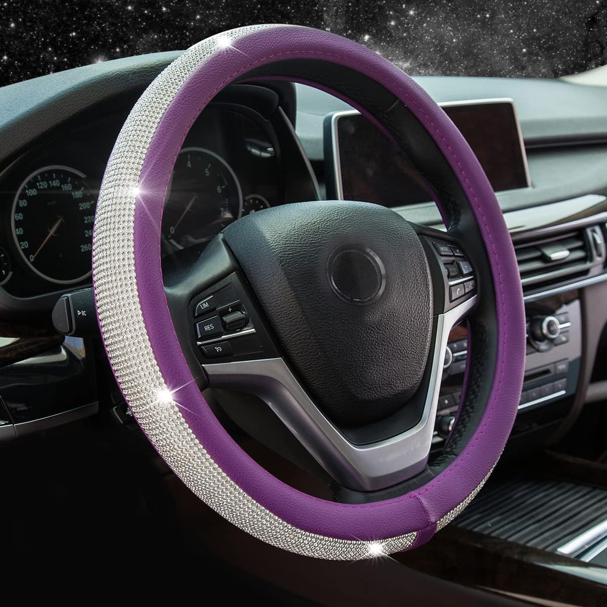 Diamond Rhinestone Leather Steering Wheel Cover - Universal 15 Inch Fit, Bling Bling Crystal Design for Women & Girls (Purple) - Luxury Car Accessory for Daily Driving & Gift Giving