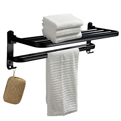2-Tier Foldable Aluminum Bathroom Towel Rack - Wall Mounted Space Saving Shower Shelf with Towel Bars for Home, Hotel & Lavatory - Perfect for Small Bathrooms & Organized Storage (Black Finish)
