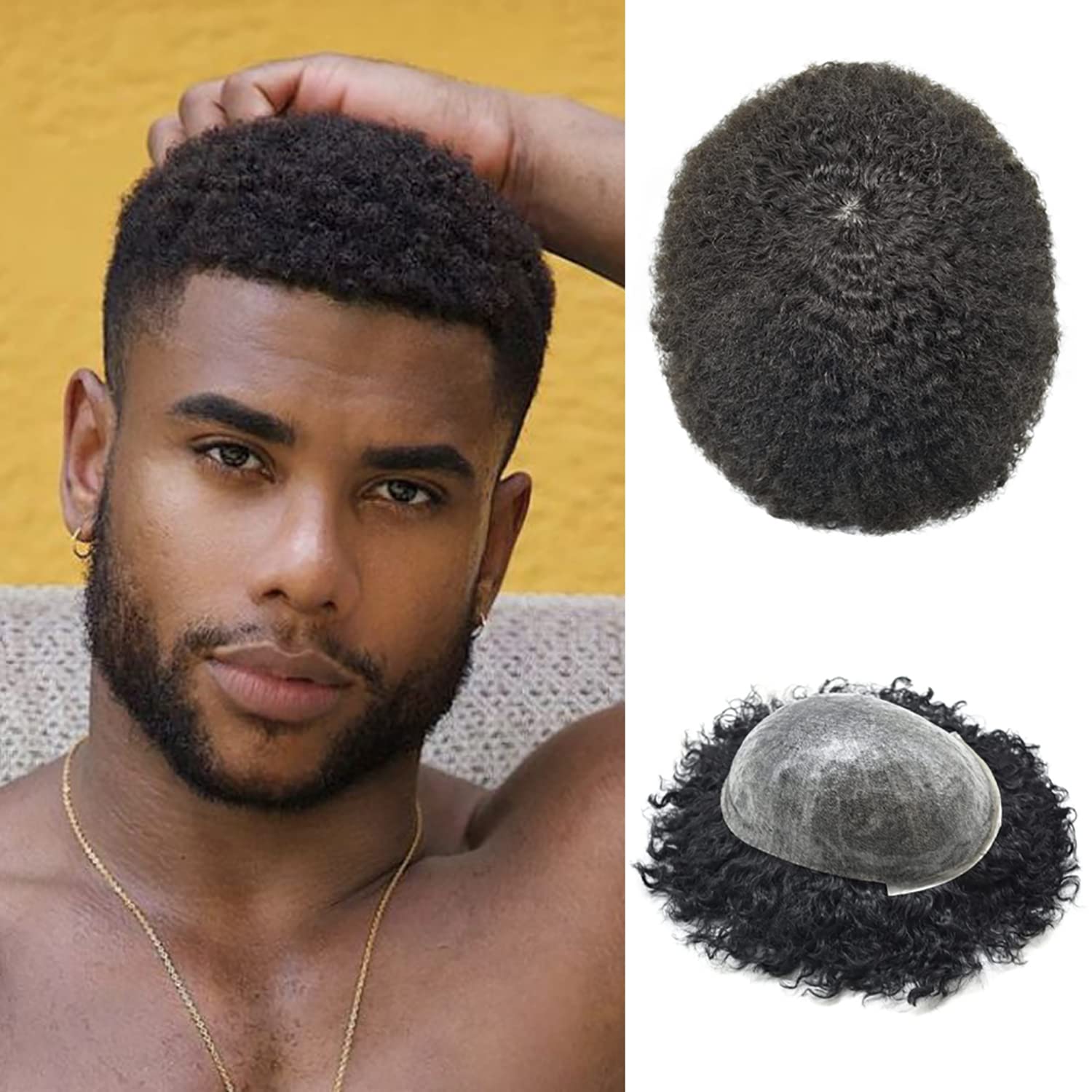 Afro Men's Toupee - 100% Virgin Human Kinky Curly Hair Replacement Unit for Black Men | Full PU Injection Thin Skin Weave (8x10, 1B Off Black, 6mm Wave) | Perfect for Daily Wear, Special Occasions & Hair Loss Solutions