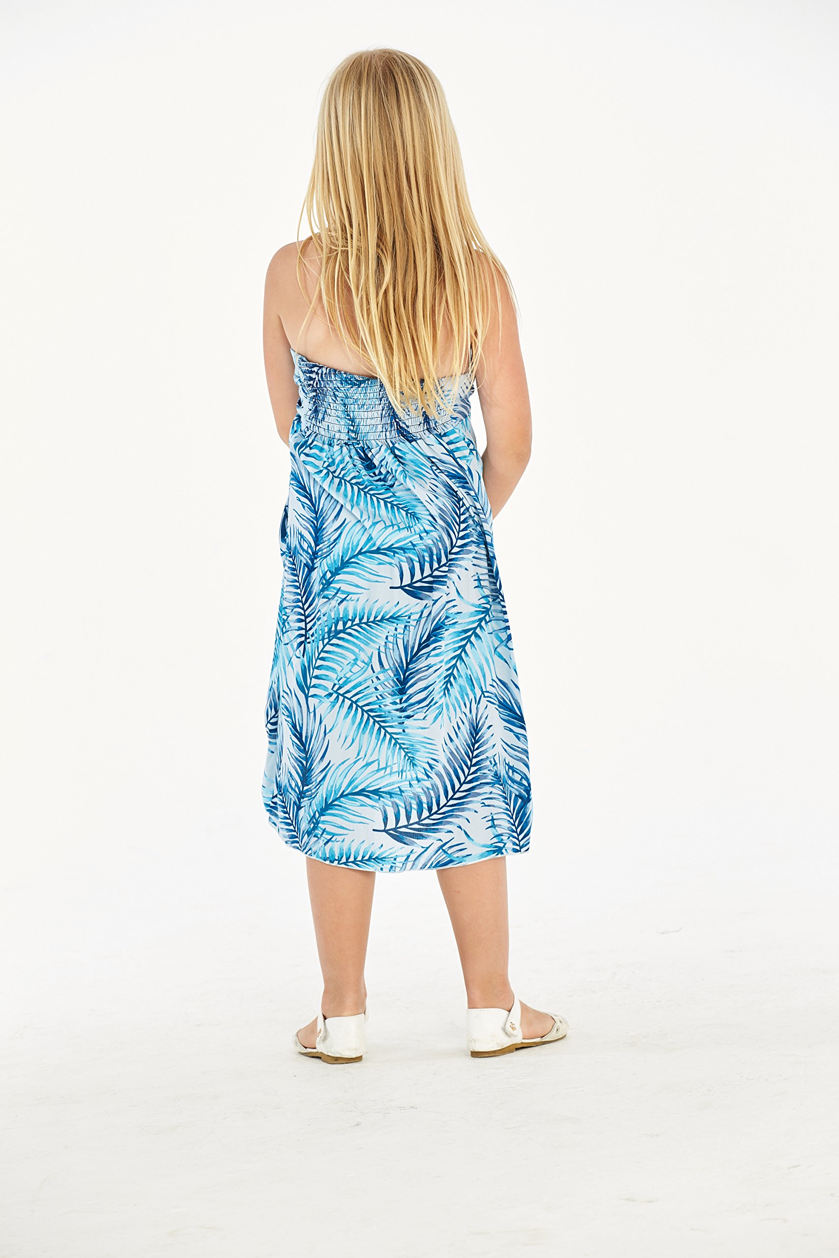 Hawaiian Luau Matching Mother Daughter Outfits - Tropical Leaf Print Shirt Dress in Simply Blue | Beach Vacation, Family Reunion, Summer Party Outfits