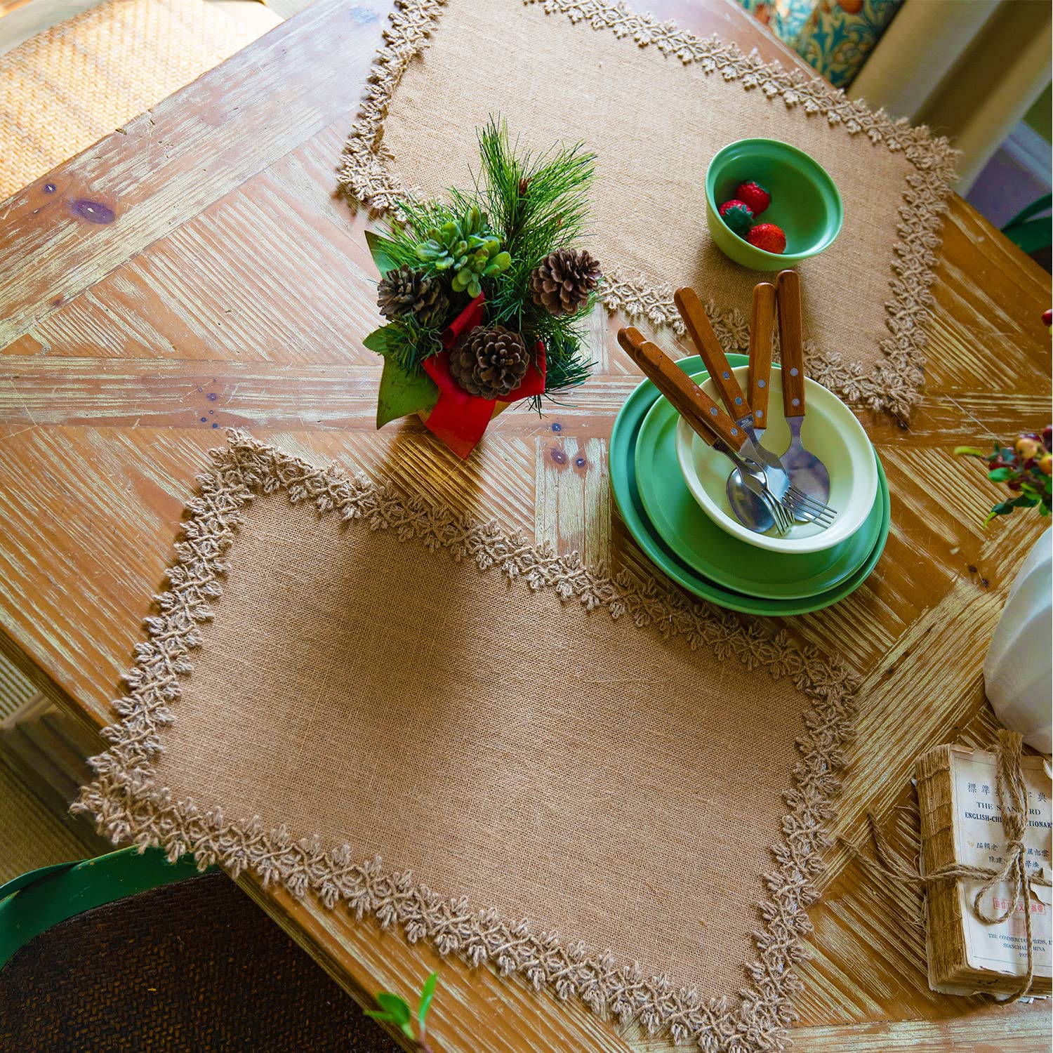 Boho Jute Lace Placemats Set of 4 - Washable Burlap Farmhouse Table Mats for Dining, Kitchen & Parties | Heat-Resistant Linen Cafe Placemats for Everyday Use & Entertaining