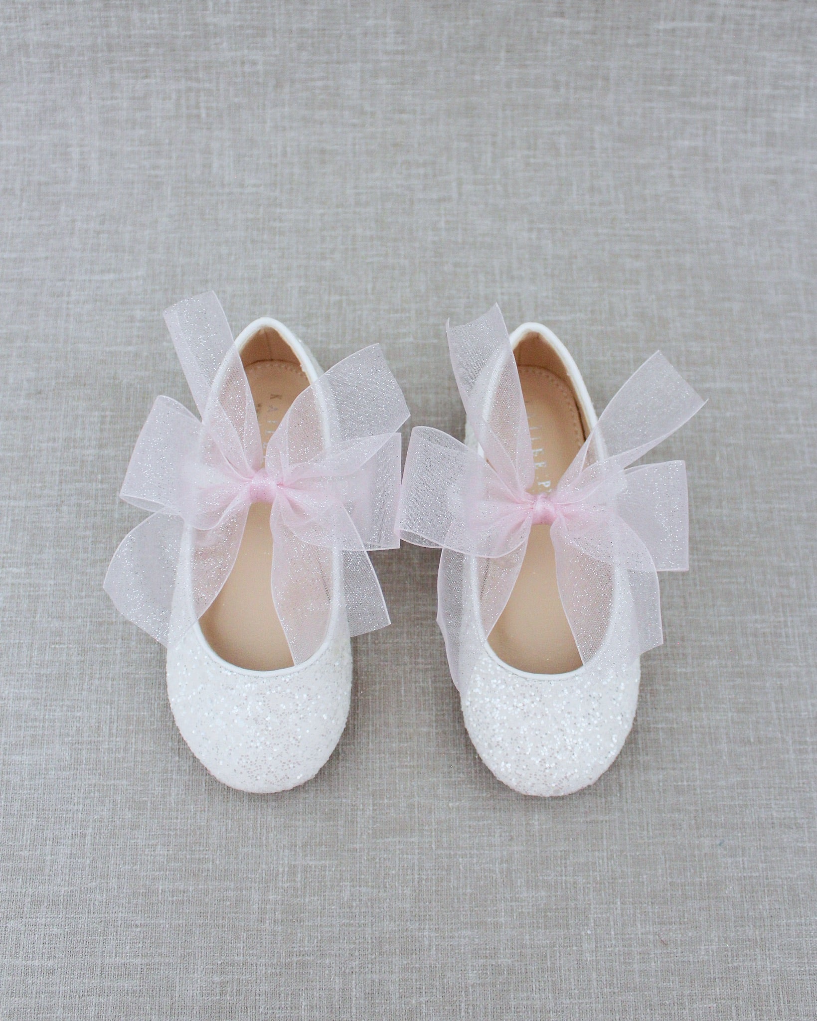 Fairy Inspired White Rock Glitter Mary Jane Flats with Chiffon Bow - Elegant Women's Dress Shoes for Weddings, Parties & Special Occasions