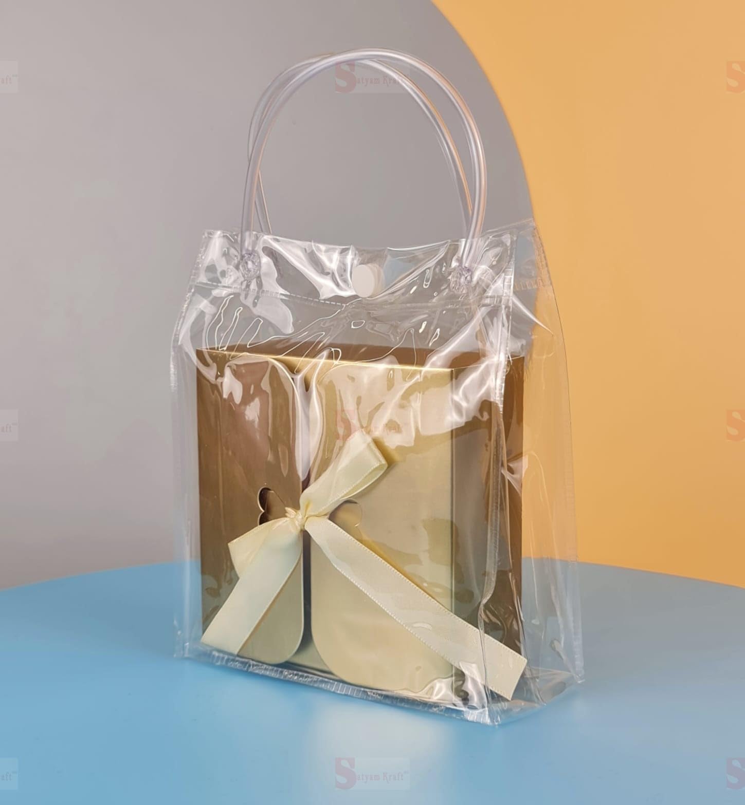 6-Piece Transparent Gift Bags with Golden Folding Boxes & Ribbons - Perfect for Wedding Favors, Birthday Party Favors, Valentine's Day Gifts, Chocolate & Dry Fruit Packaging (6 Bags + 6 Boxes) - Elegant Gift Wrapping Solution for Special Occasions